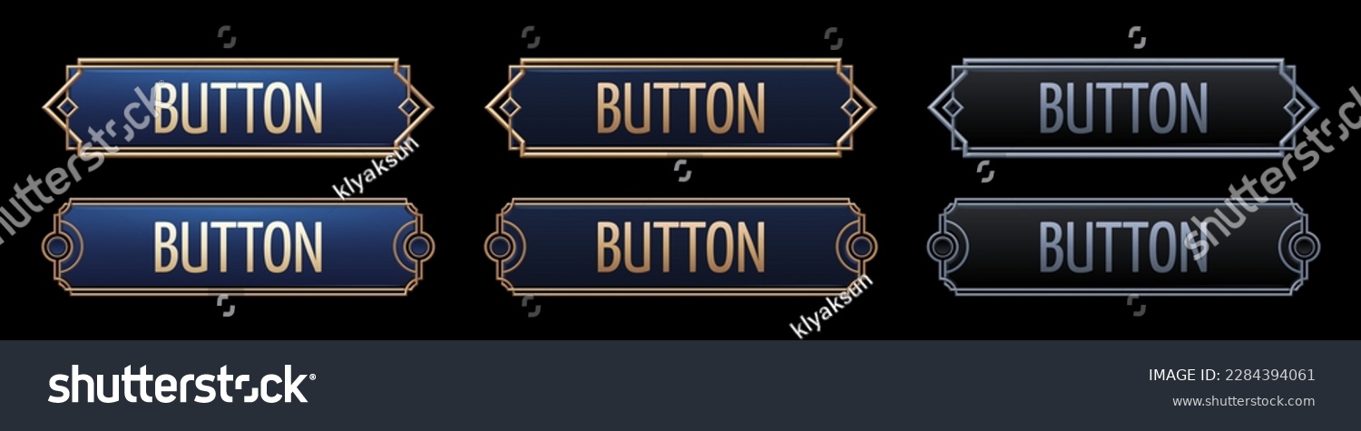 SVG of Set of art deco buttons isolated on black background. Realistic vector illustration of bronze, golden, silver metal luxury ui frames with sophisticated decoration. Medieval style border. Sprite sheet svg