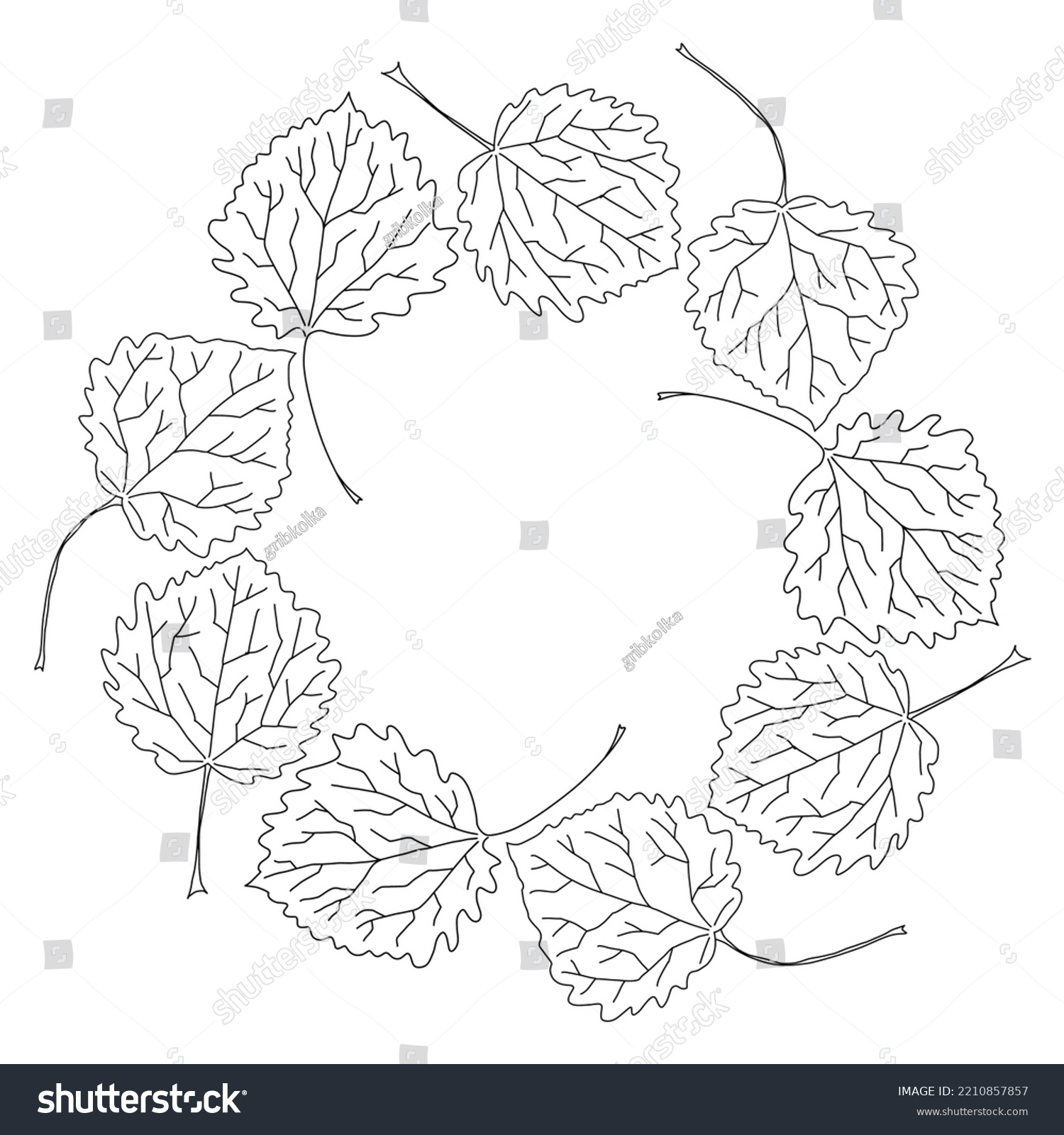 SVG of Set of autumn aspen leaves hand drawn line art doodle vector wreath illustration for creative design artistic work card banner poster fabrics textile decor graphic design svg