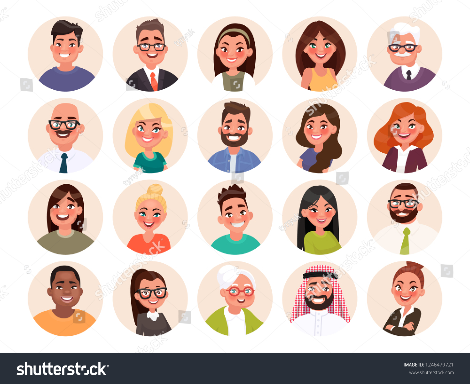 SVG of Set of avatars of happy people of different races and age. Portraits of men and women. Vector illustration in cartoon style. svg