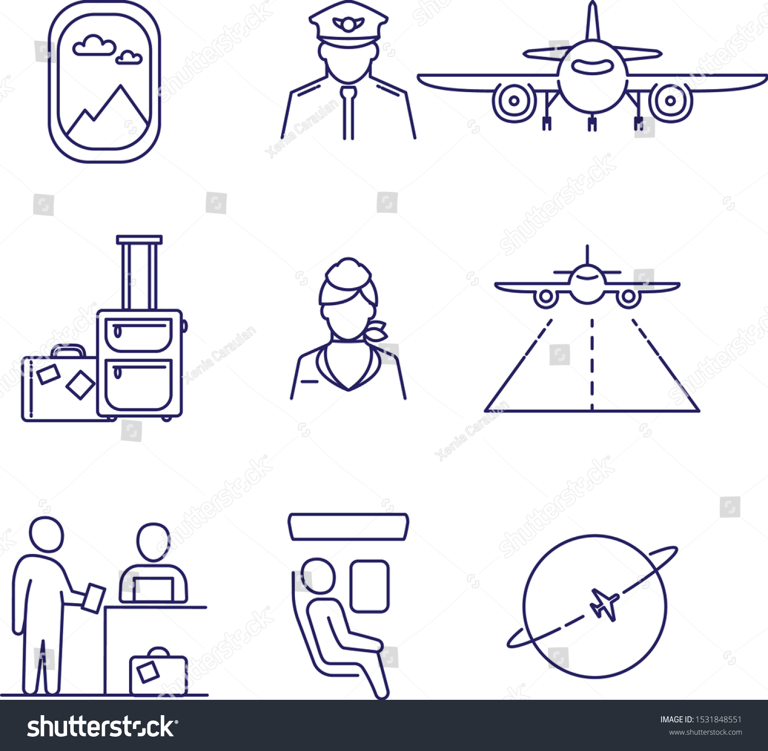 航空アイコンのセット 輪郭の図 飛行機 パイロット 客室乗務員のベクター画像アイコン のベクター画像素材 ロイヤリティフリー