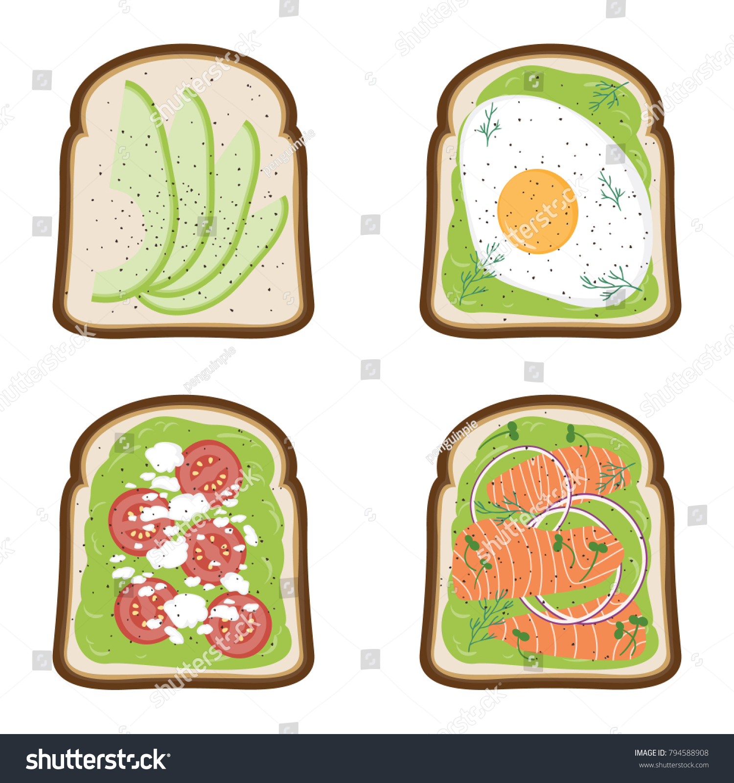 SVG of Set of avocado toasts done in four different ways: plain, fried egg, salmon and tomato & feta cheese. svg