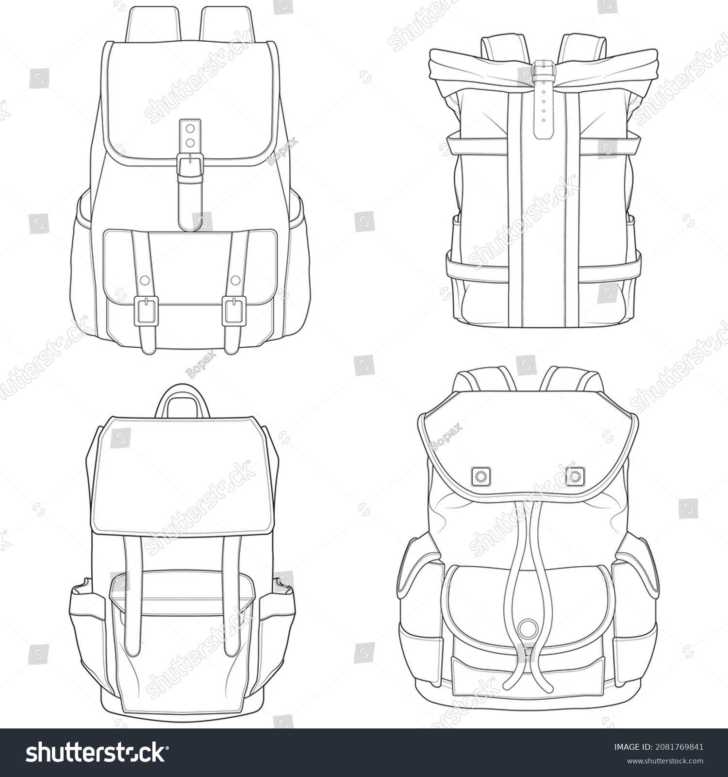 Set Backpack Outline Drawing Vector Set Stock Vector (Royalty Free ...