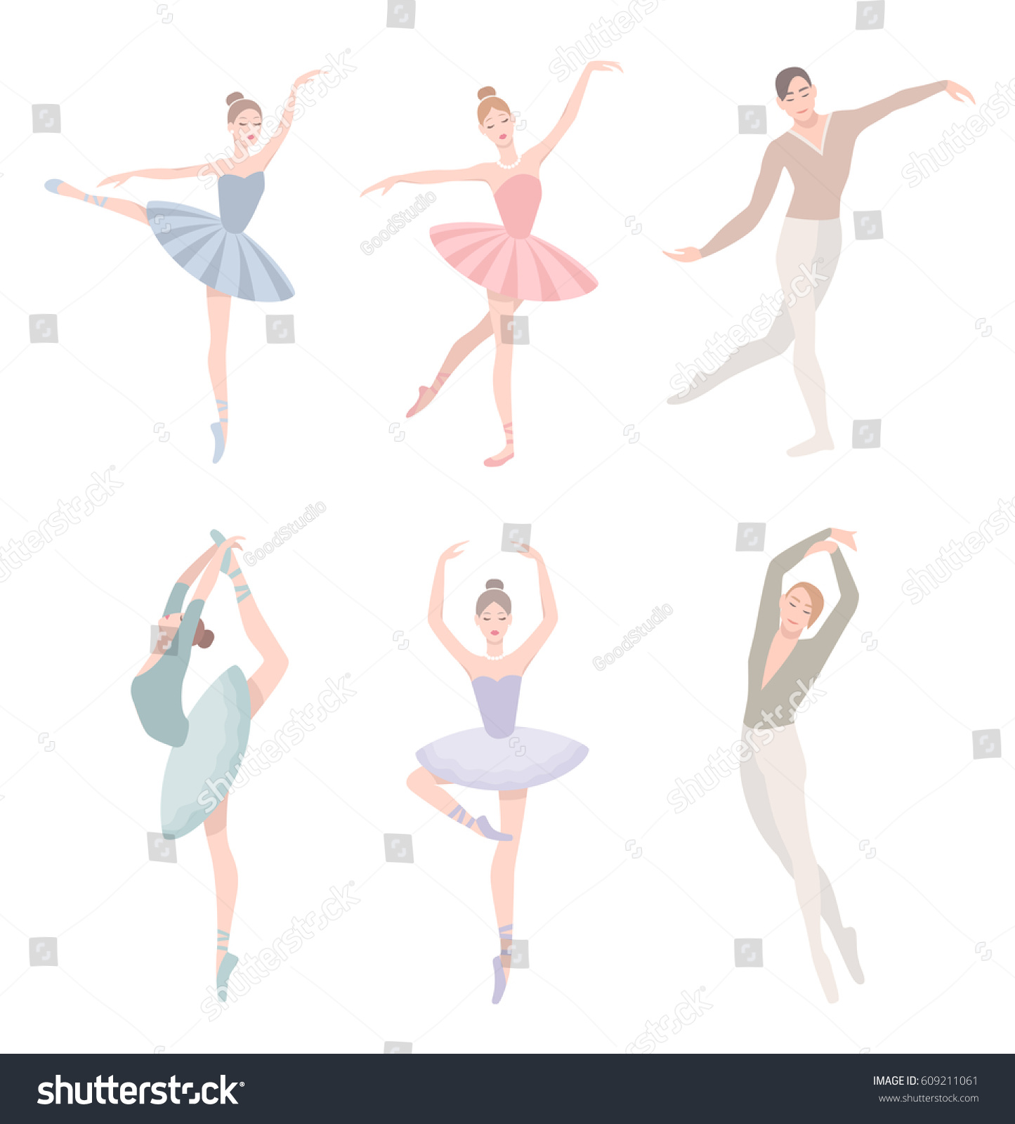 バレエダンサーのセット フラットスタイルのベクターイラスト ツーの服を着た女の子と男の子 違うチョレオポジションコレクション のベクター画像素材 ロイヤリティフリー