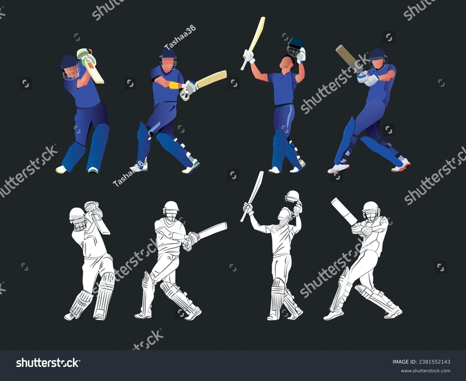 SVG of Set of batsmen playing cricket. Colorful illustration and Silhouette art. svg