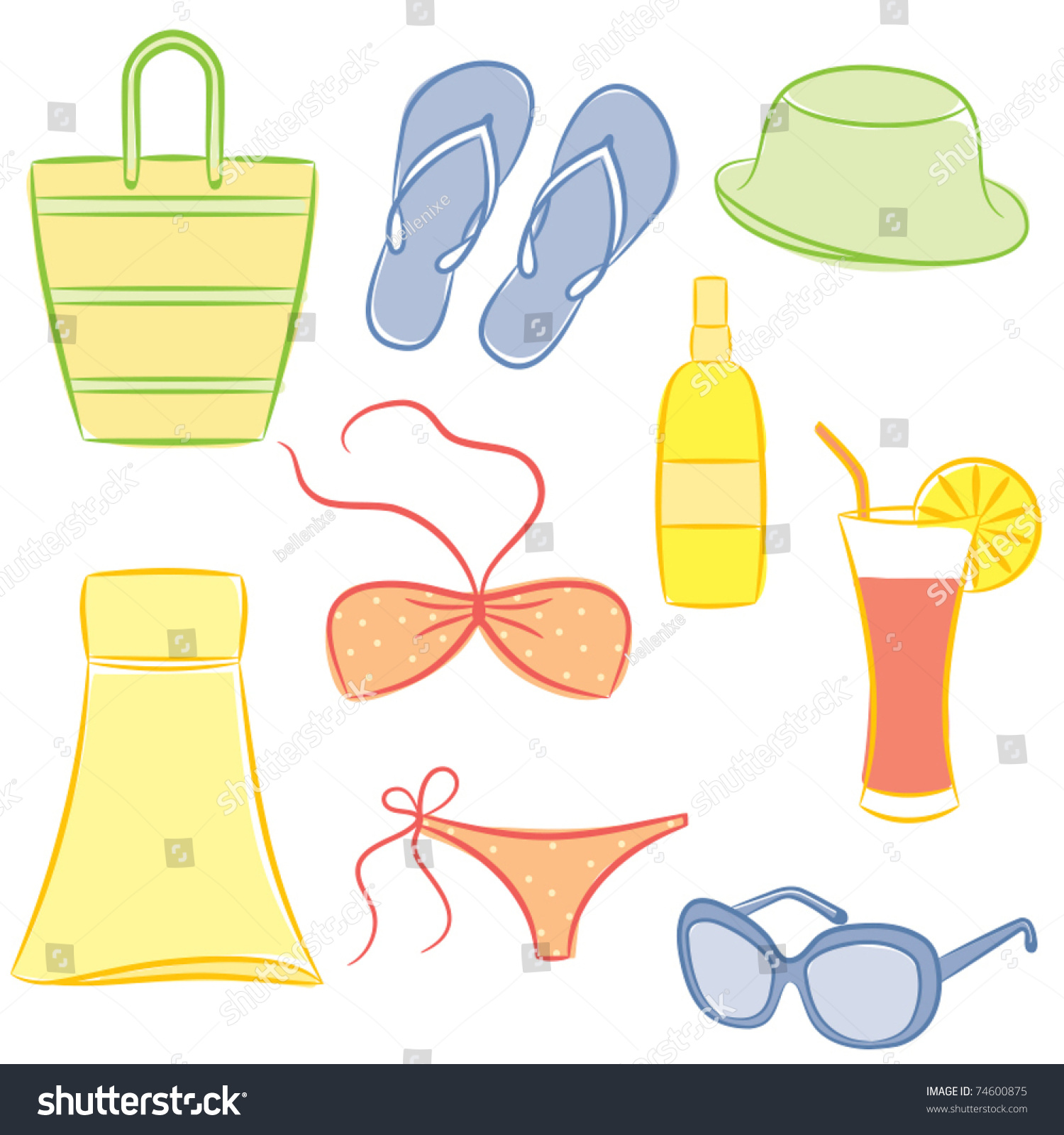 Set Of Beach Accessories. Vector Illustration. - 74600875 : Shutterstock