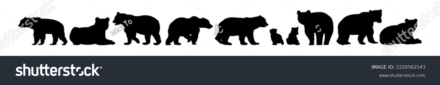 SVG of Set of bear male and female with cubs. Wild animals. Silhouette figures. Isolated on white background. Vector. svg