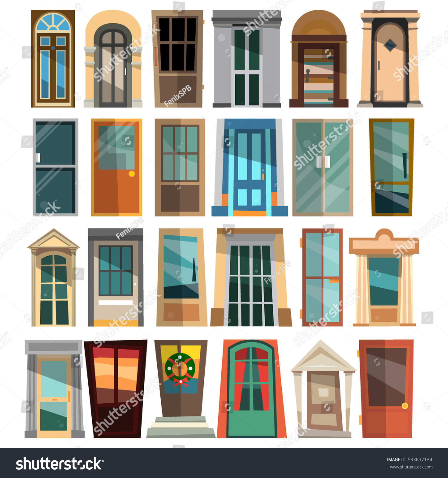 Set of beautiful front doors in flat style for homes and buildings vector illustration isolated