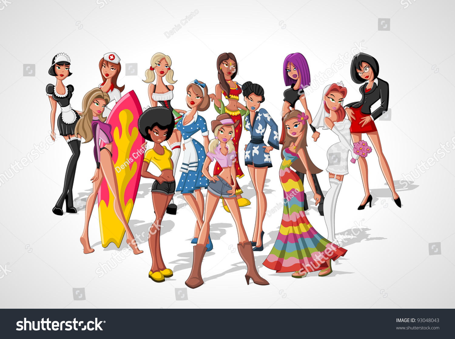 Set 13 Beautiful Sexy Cartoon Girls Stock Vector 93048043 Shutterstock