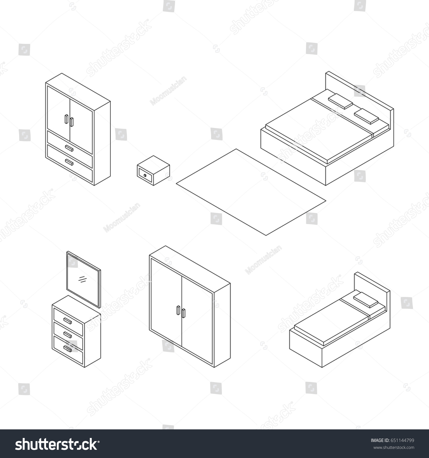 Set Bedroom Furniture Outline Isometric Drawing Stock Vector