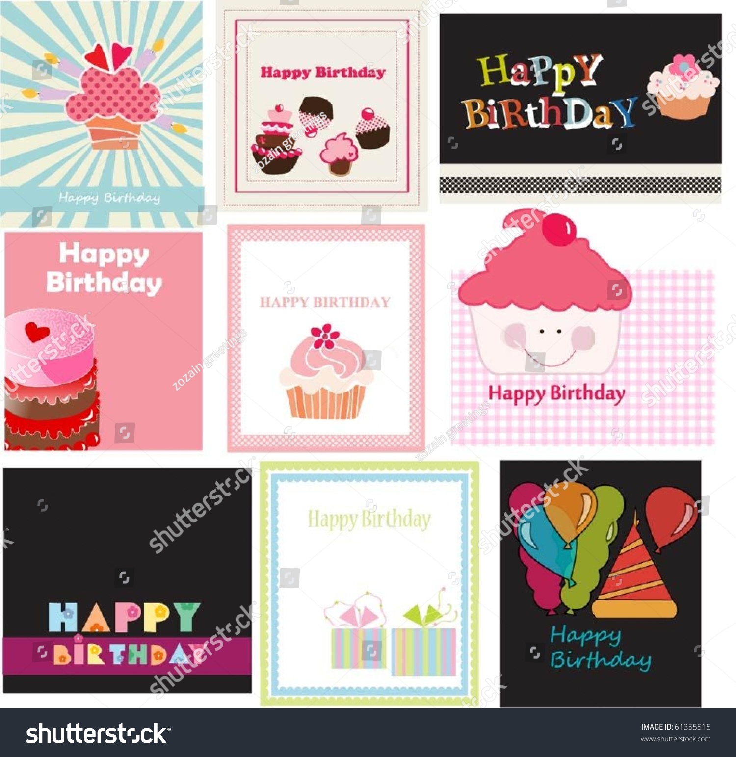 Set Of 9 Birthday Cards Vector - 61355515 : Shutterstock