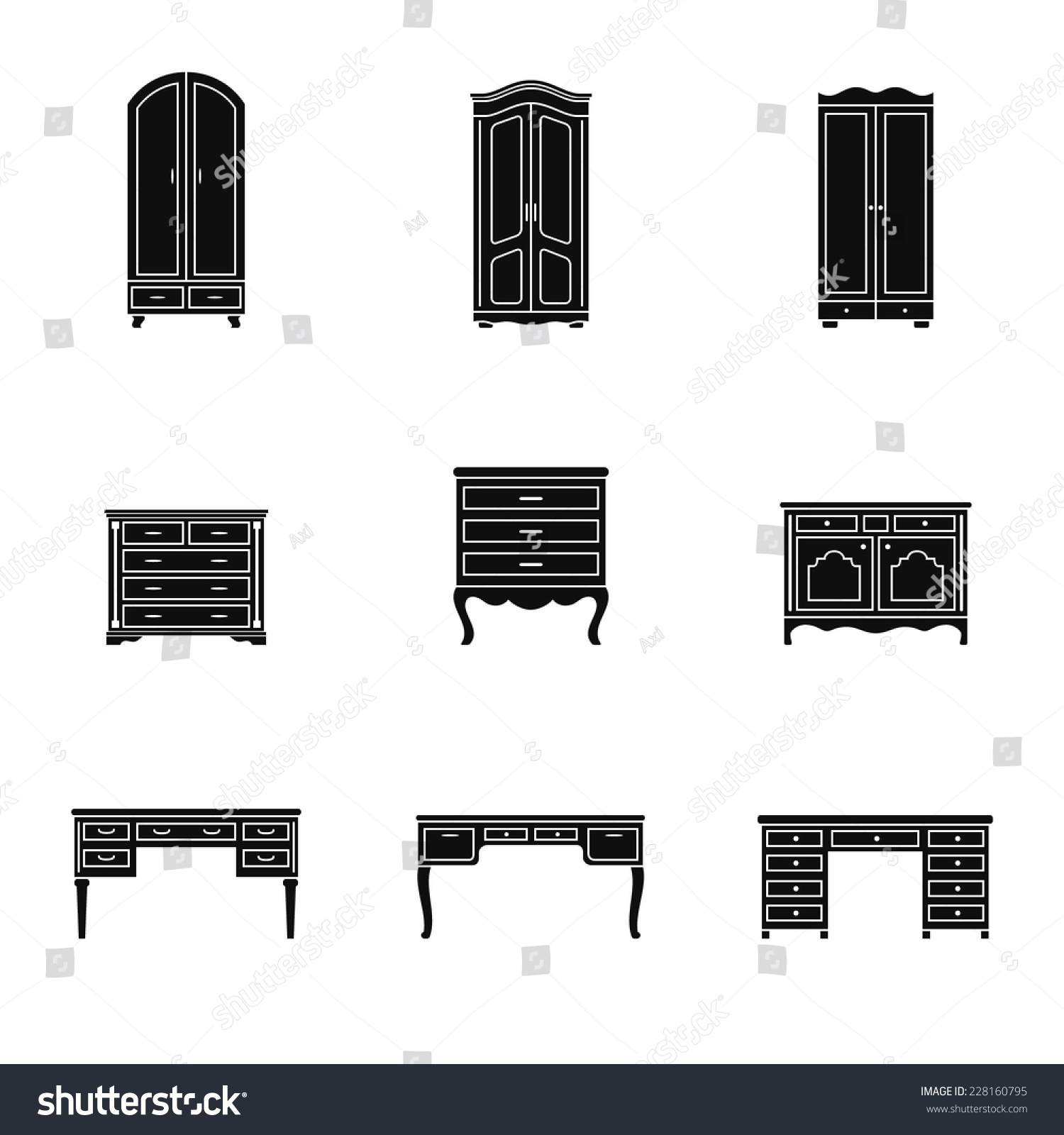 Set Black White Cabinet Wardrobe Writing Royalty Free Stock Image