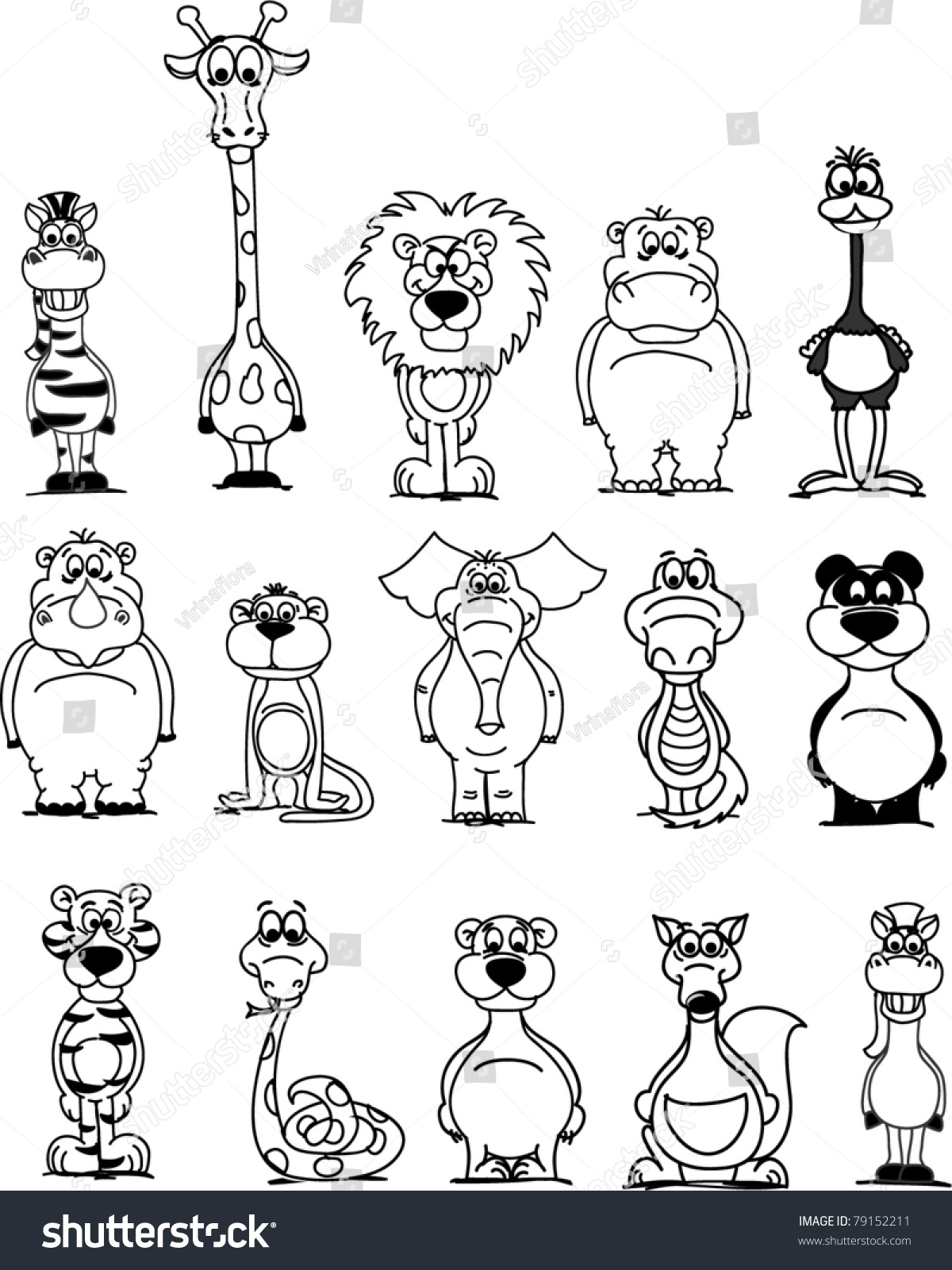 Set Of Black And White Cartoon Animals Stock Vector Illustration ...