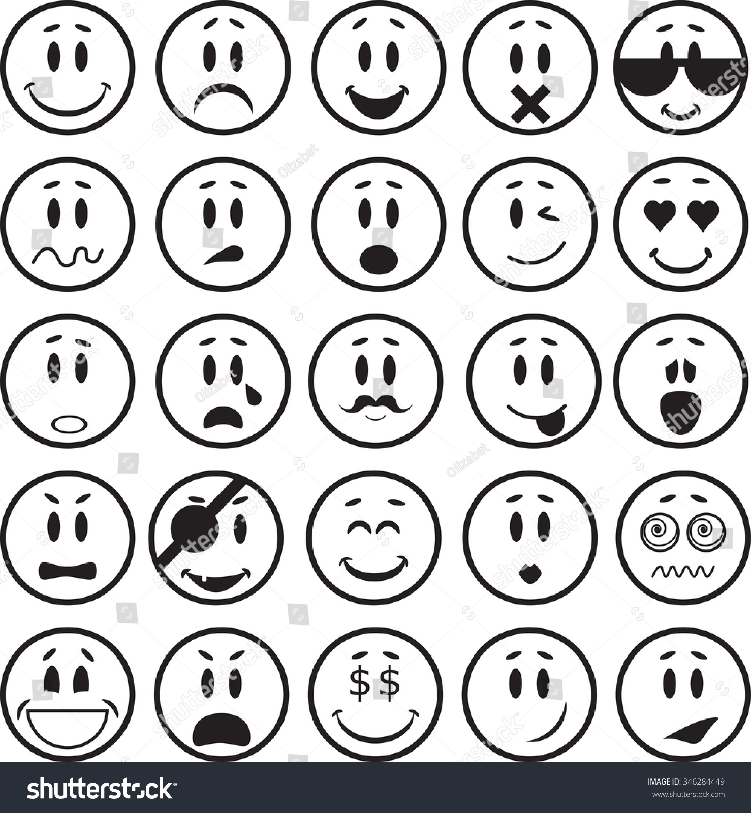 Set Of 25 Black And White Emoticons. Isolated On White Background ...