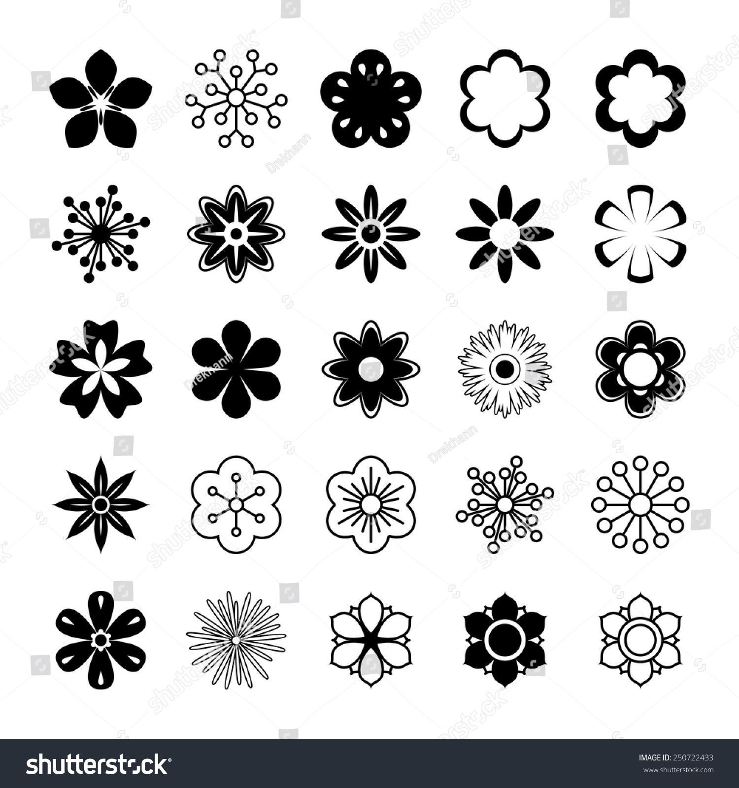 Set Of Black And White Silhouettes Of Flowers Stock Vector Illustration ...