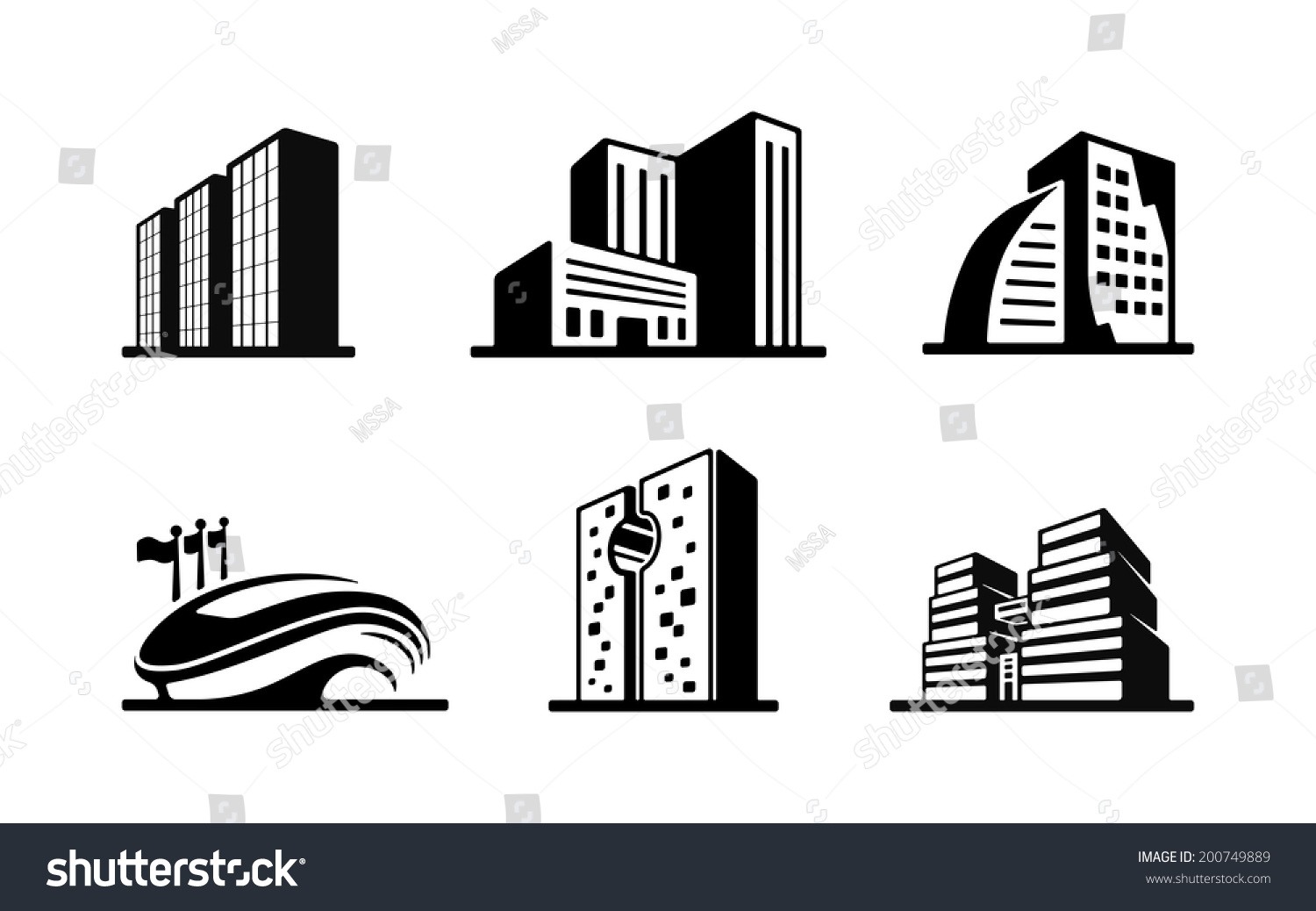 Set Black White Vector Building Icons: เวกเตอร์สต็อก (ปลอดค่าลิขสิทธิ์