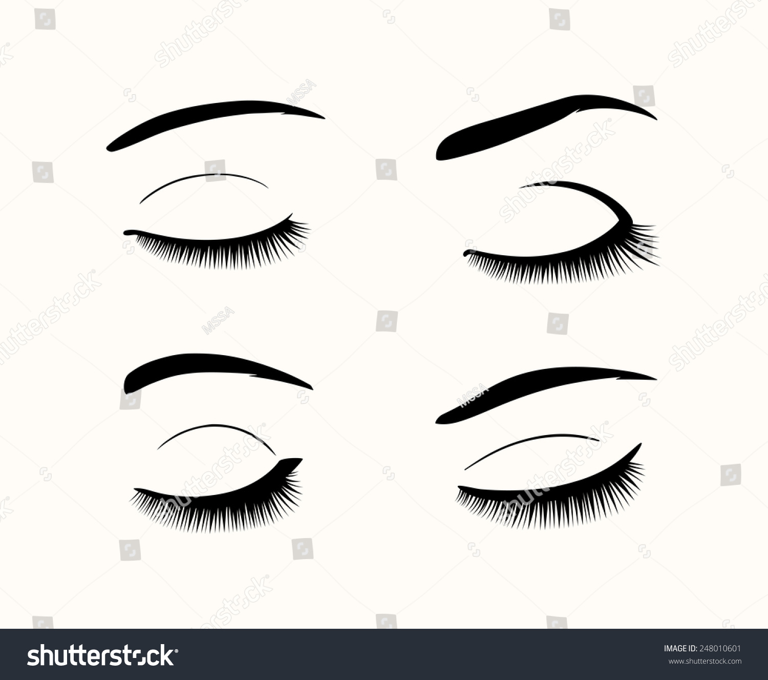 Set Of Black Close Eyes. Vector Eyelashes And Eyebrows Silhouettes ...