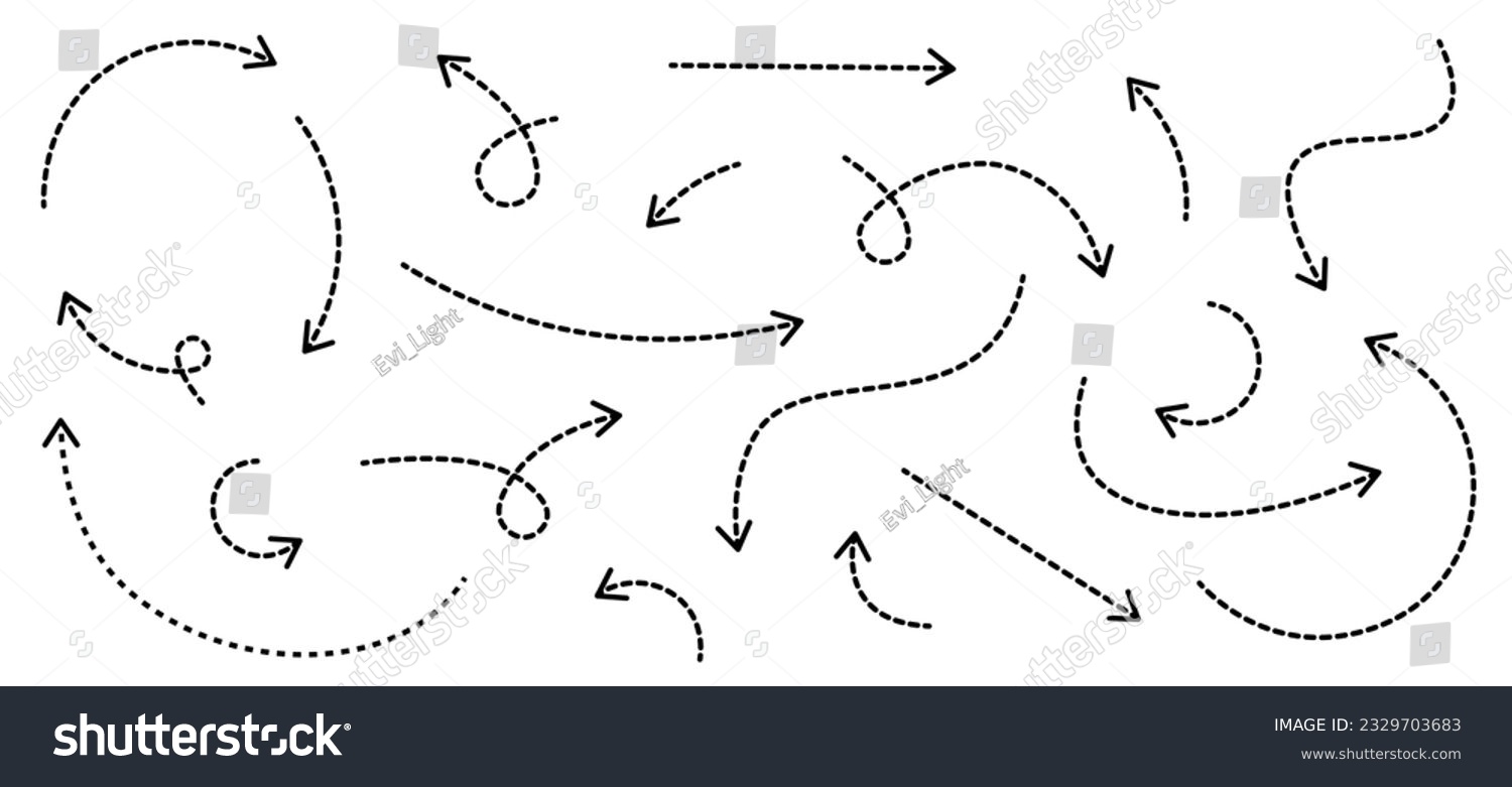 SVG of Set of black dotted arrows in doodle style. Broken arrows in the form of a loop. Flow direction. Pointers to the wire, up, down. Curved line. Vector illustration.
 svg