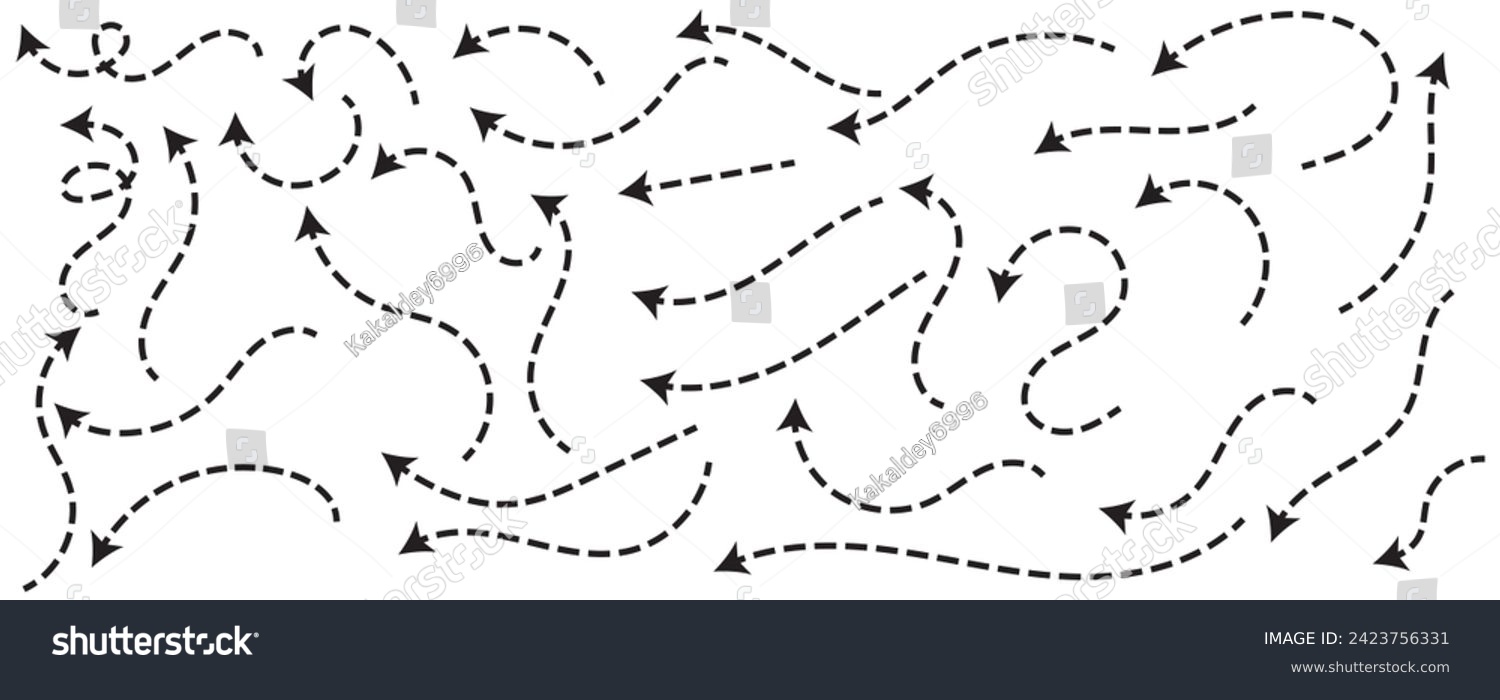 SVG of Set of black dotted arrows in doodle style. Broken arrows in the form of a loop. Flow direction. Pointers to the wire, up, down. Curved line. Zigzag arrow stripes design with dotted lines. svg