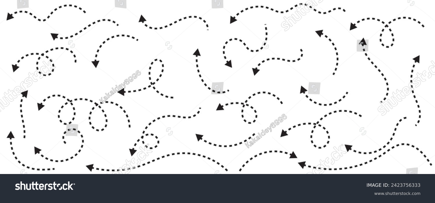 SVG of Set of black dotted arrows in doodle style. Broken arrows in the form of a loop. Flow direction. Pointers to the wire, up, down. Curved line. Zigzag arrow stripes design with dotted lines. svg