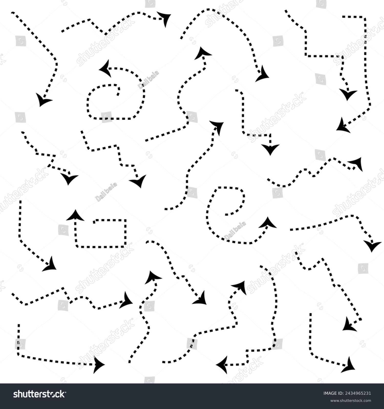 SVG of Set of black dotted arrows in doodle style. Broken arrows in the form of a loop. Flow direction. Pointers to the wire, up, down. Curved line. Vector illustration svg