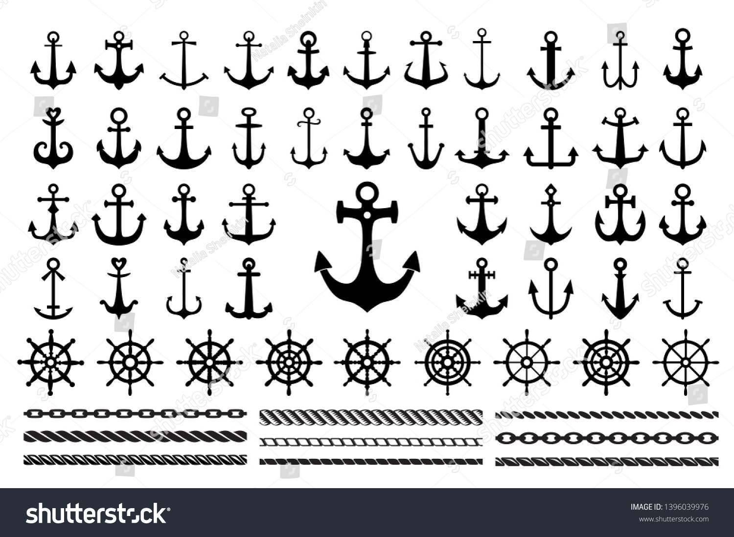SVG of Set of black icons  of sea theme -  anchors, ropes and sea wheels svg