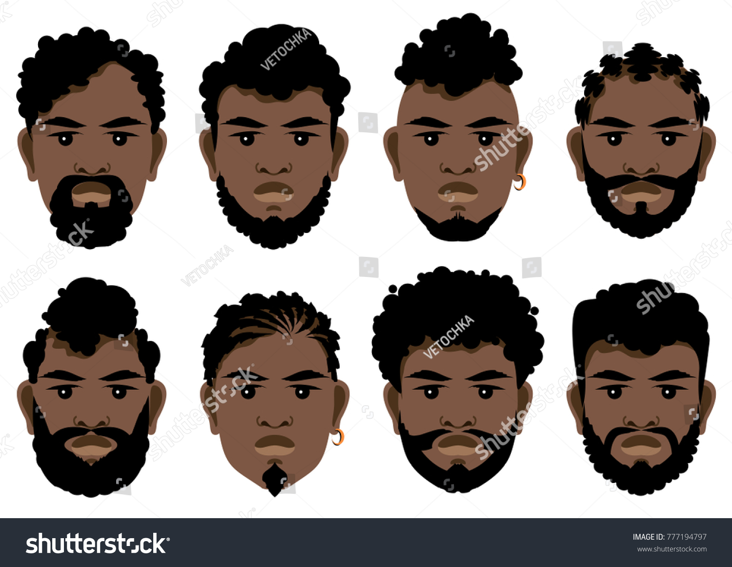SVG of Set of black men's faces with different hairstyles, beards and mustache .  Vector illustration. svg