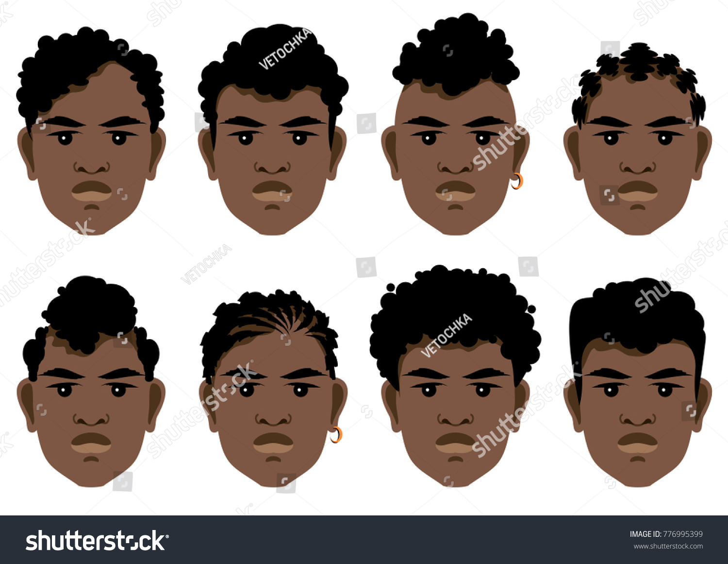 SVG of Set of black men with curly hair and different hairstyles. Vector illustration. svg