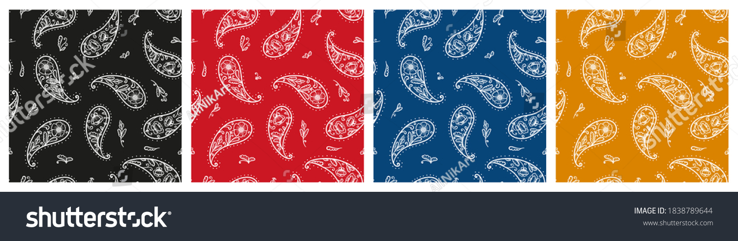 SVG of Set of Black, Red, Blue, Yellow Paisley Bandana Ornament Prints. Vintage Oriental Paisley Seamless Pattern with Poppy Flowers. Boho Style Vector Floral Background. Great for Silk Neck Scarf, Headscarf svg