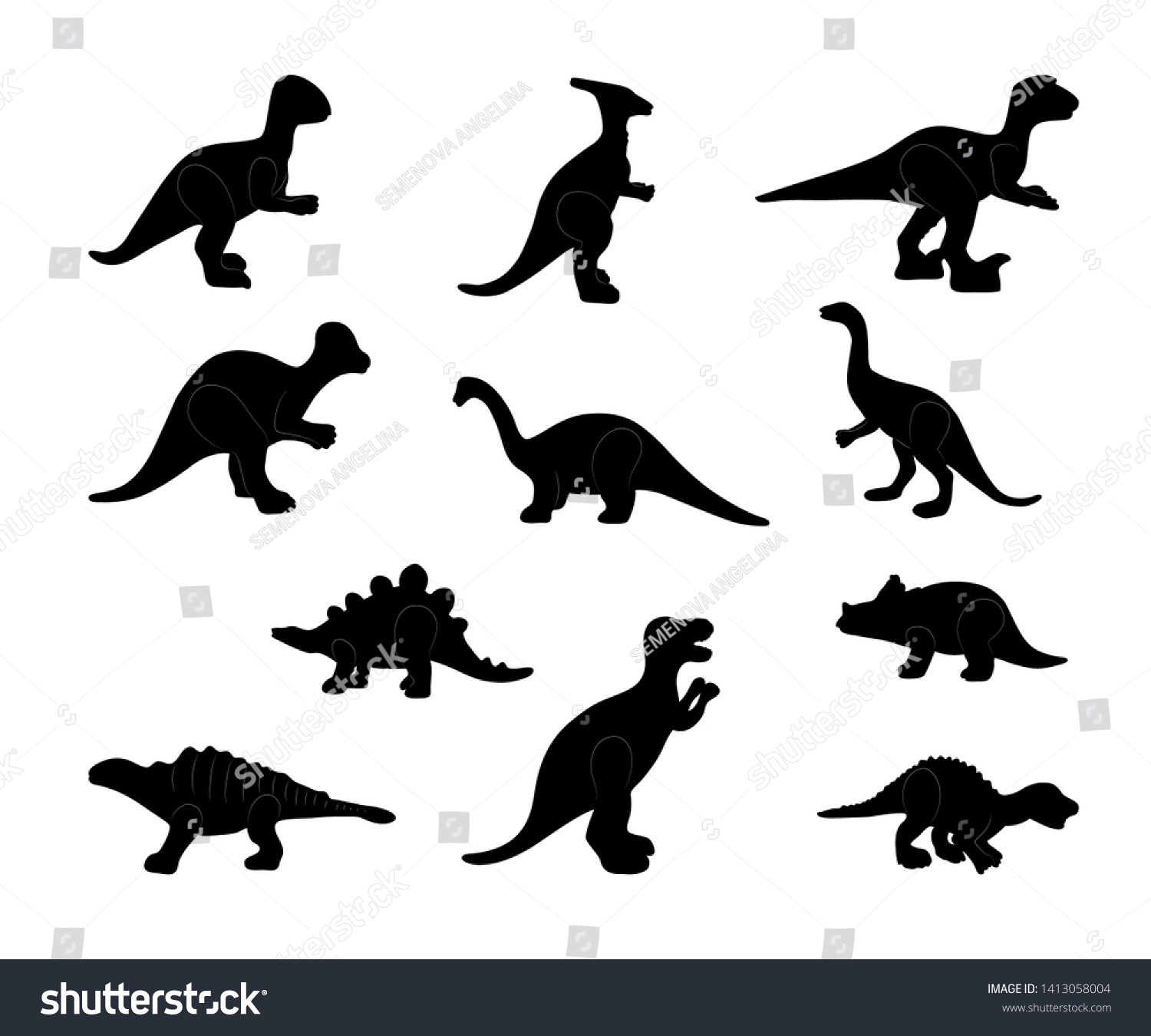 SVG of Set of black silhouette of dinosaurs on white background. Collection various forms, pose, type. Stand, sits, walks. Elements for design, print. Vector illustration svg