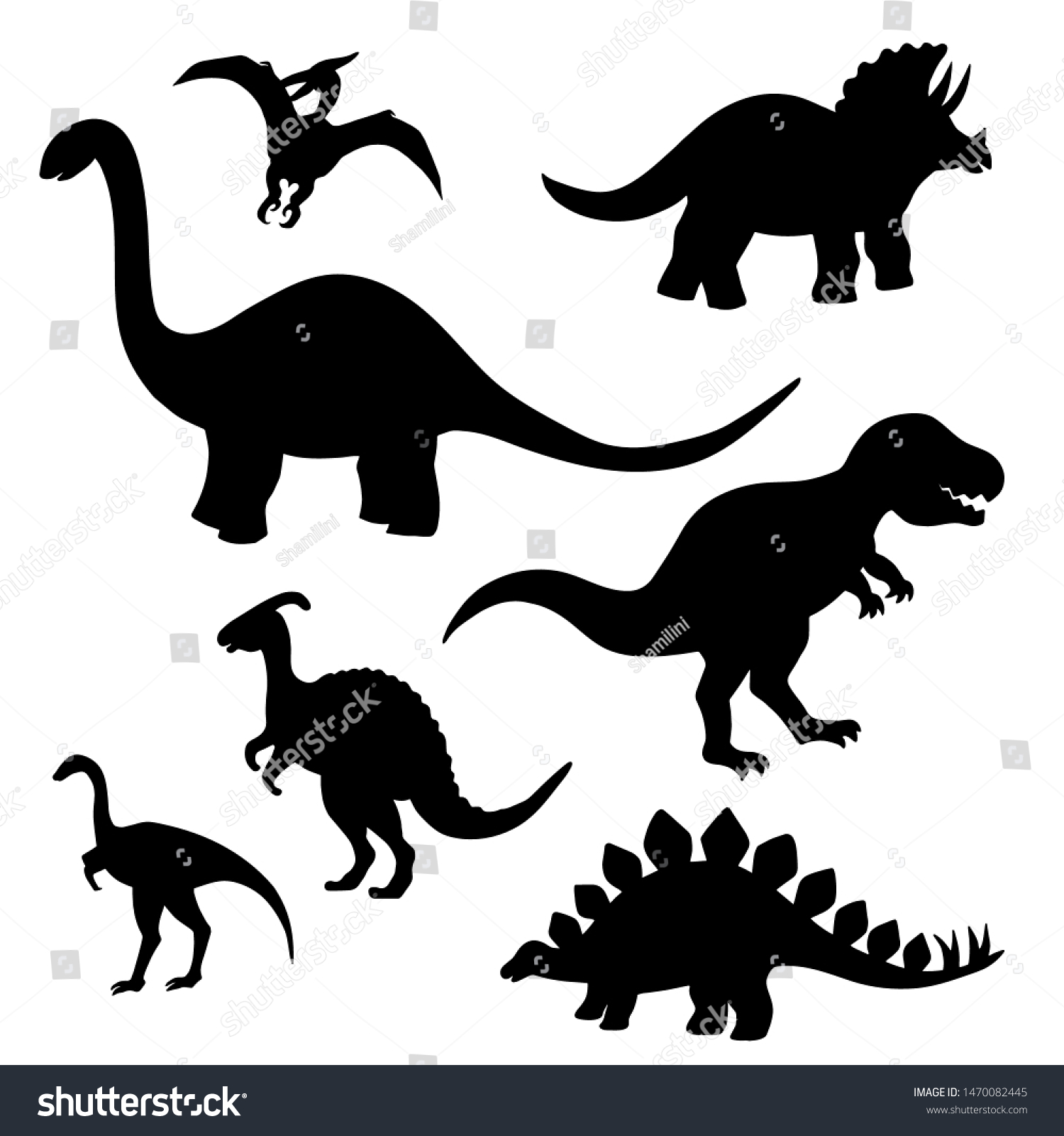 白い背景に恐竜の黒いシルエット ステゴサウルス トリケラトプス ティラノサウルス ブロントサウルス プテロダクティルなど のベクター画像素材 ロイヤリティフリー