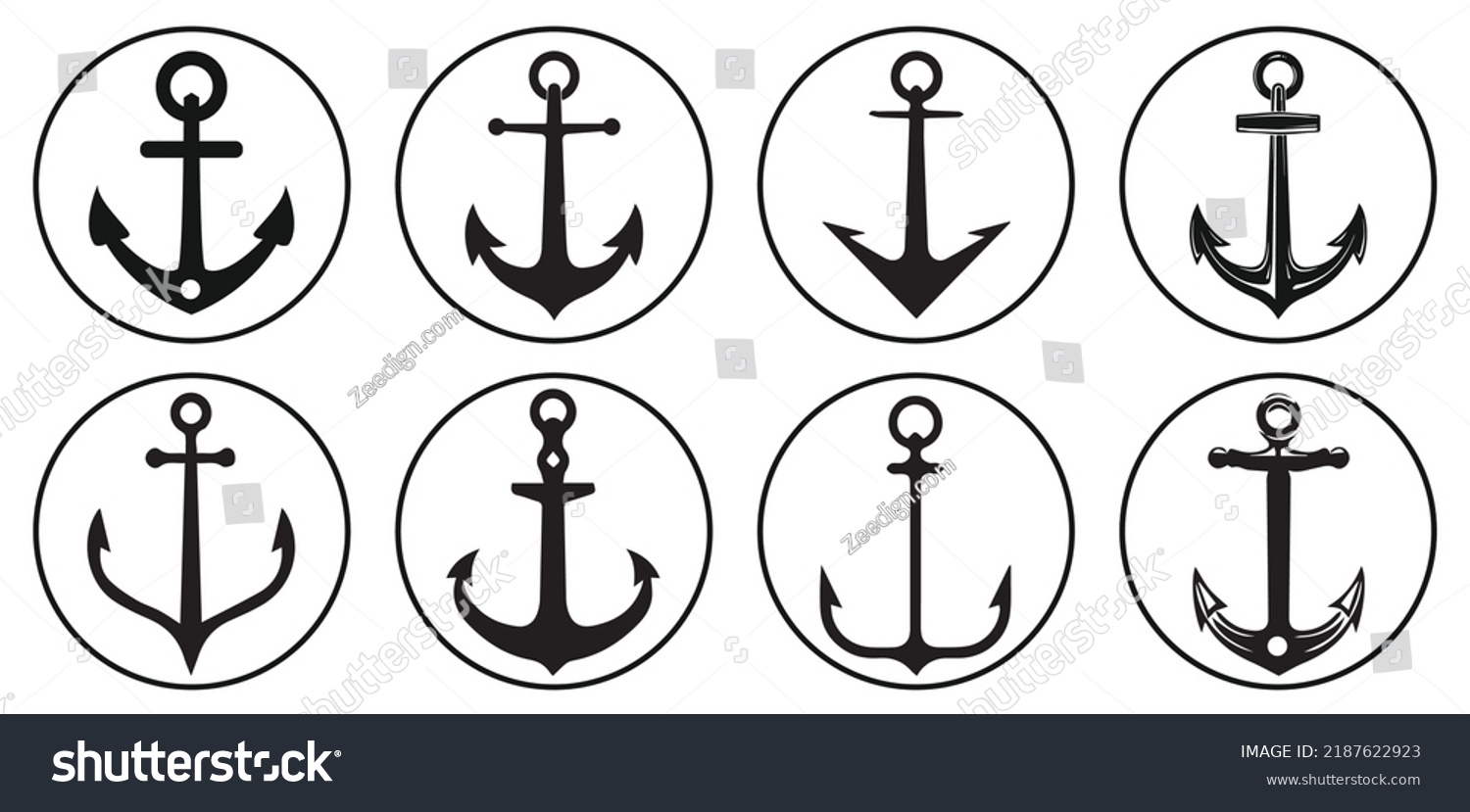 SVG of Set of black vector Anchor icons. Ship Anchors vector icon collection. Flat style Anchors logo in different shapes isolated on white background. svg