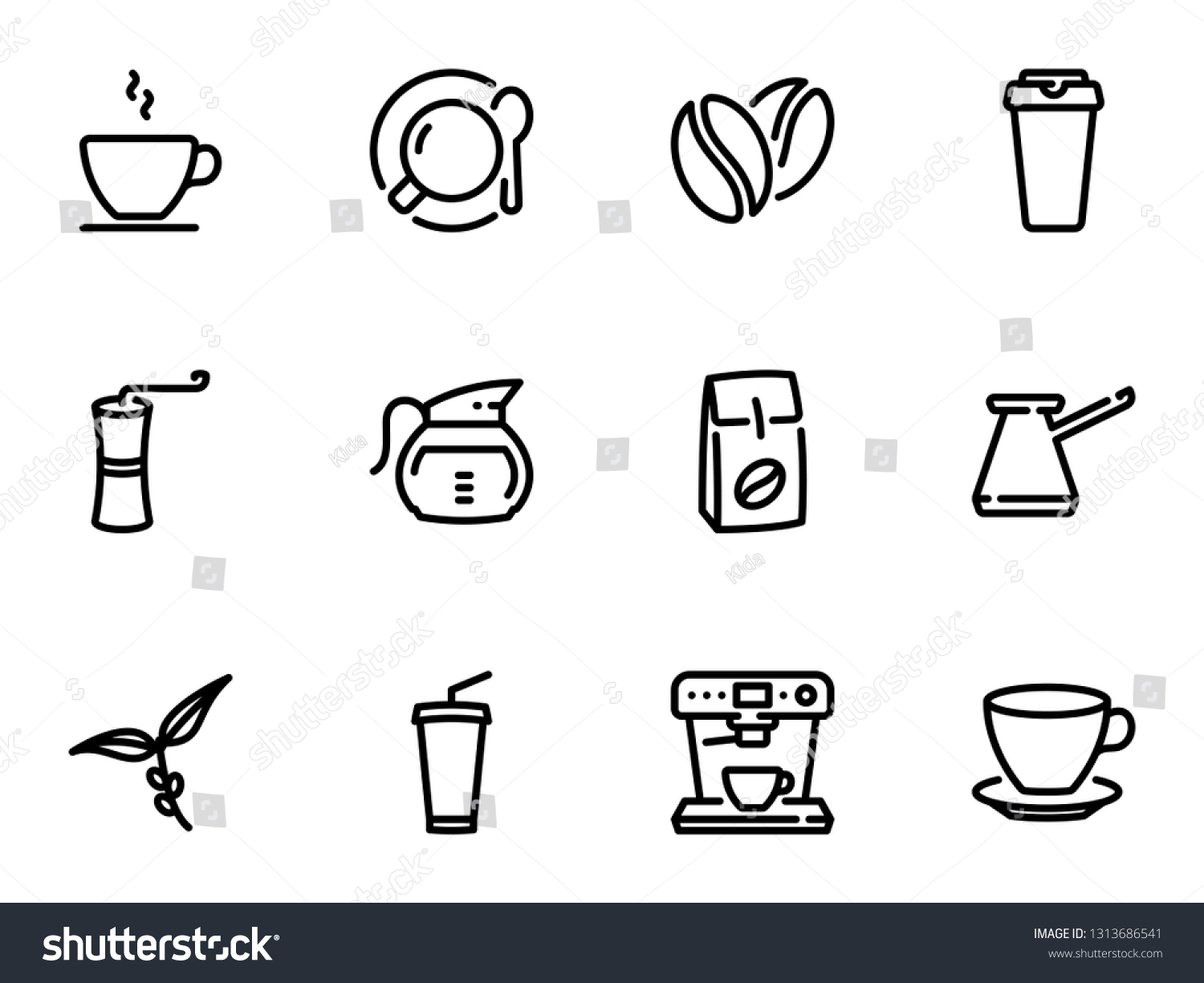 SVG of Set of black vector icons, isolated against white background. Illustration on a theme Coffee. Line, outline, stroke, pictogram svg