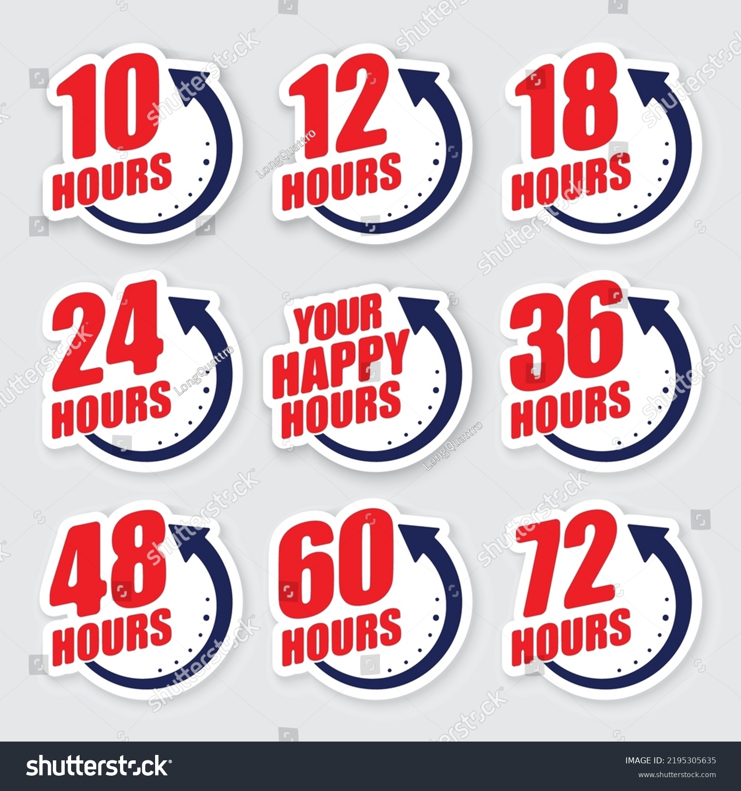 SVG of Set of blue and red abstract clock silhouettes with human hand and different tine numbers. Business hours for work and rest svg