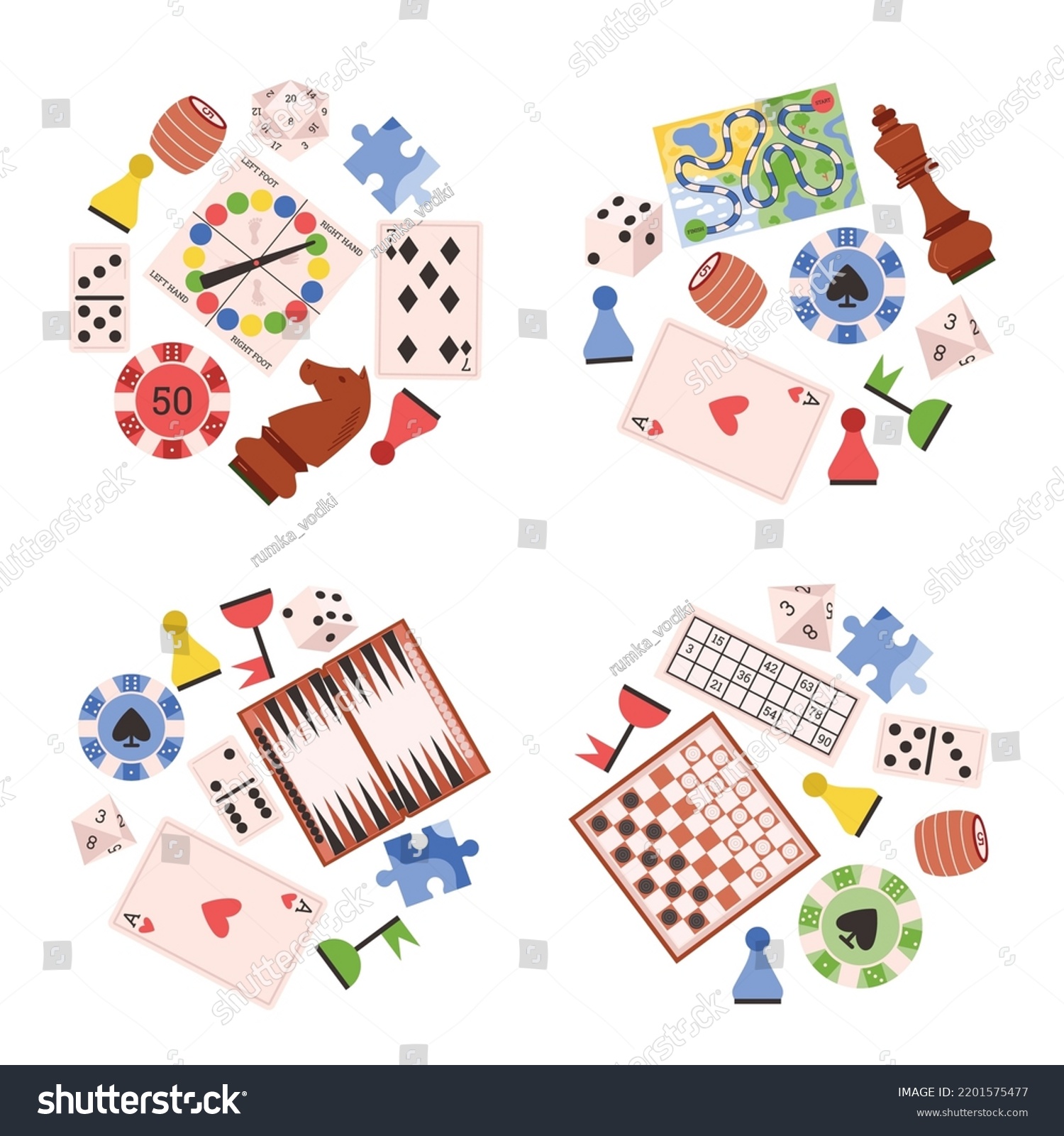 SVG of Set of board games elements, flat vector illustration isolated on white background. Chess pieces, cards, checkers, dominoes, lotto and backgammon. Table games for kids and adults. Family game party. svg