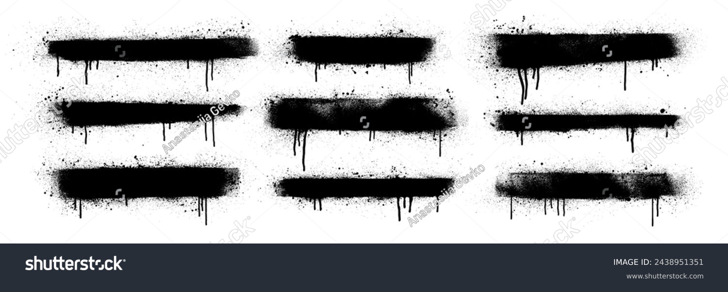 SVG of Set of bold and thick strokes with spray texture and ink drips. Vector spray paint shapes, horizontal banners. Graffiti style stripes with stain splash, airy ink strokes. Street art or urban style. svg