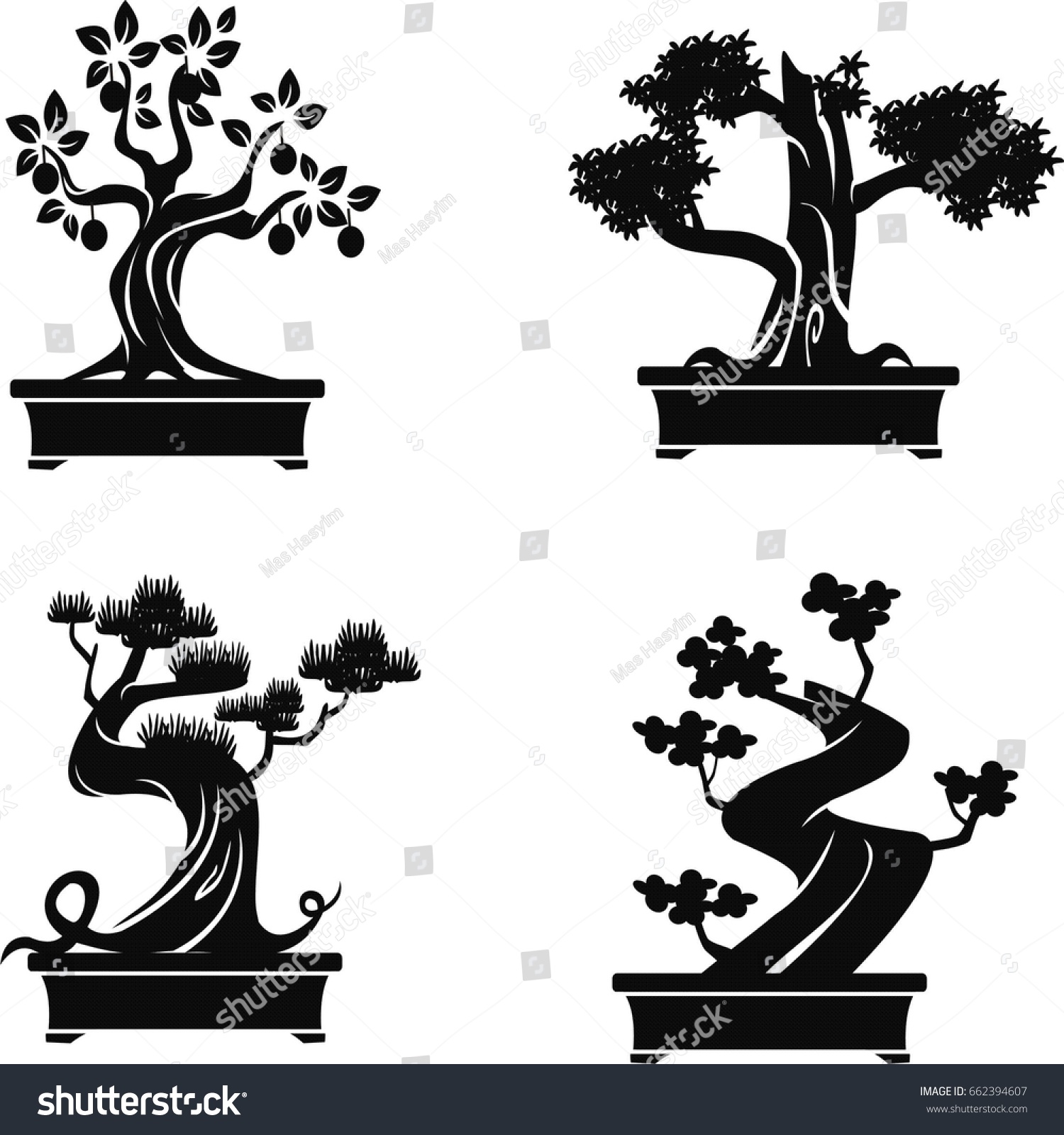 Set Bonsai Tree Silhouette On White Stock Vector Royalty Free 662394607
