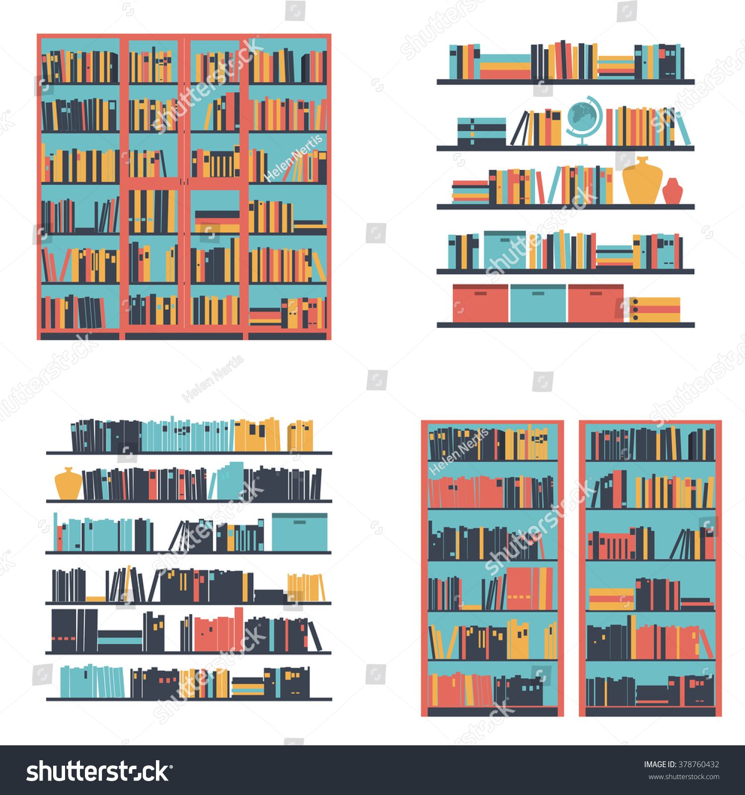 Set Bookshelves Bookcase Books Vector Illustration Stock Vector