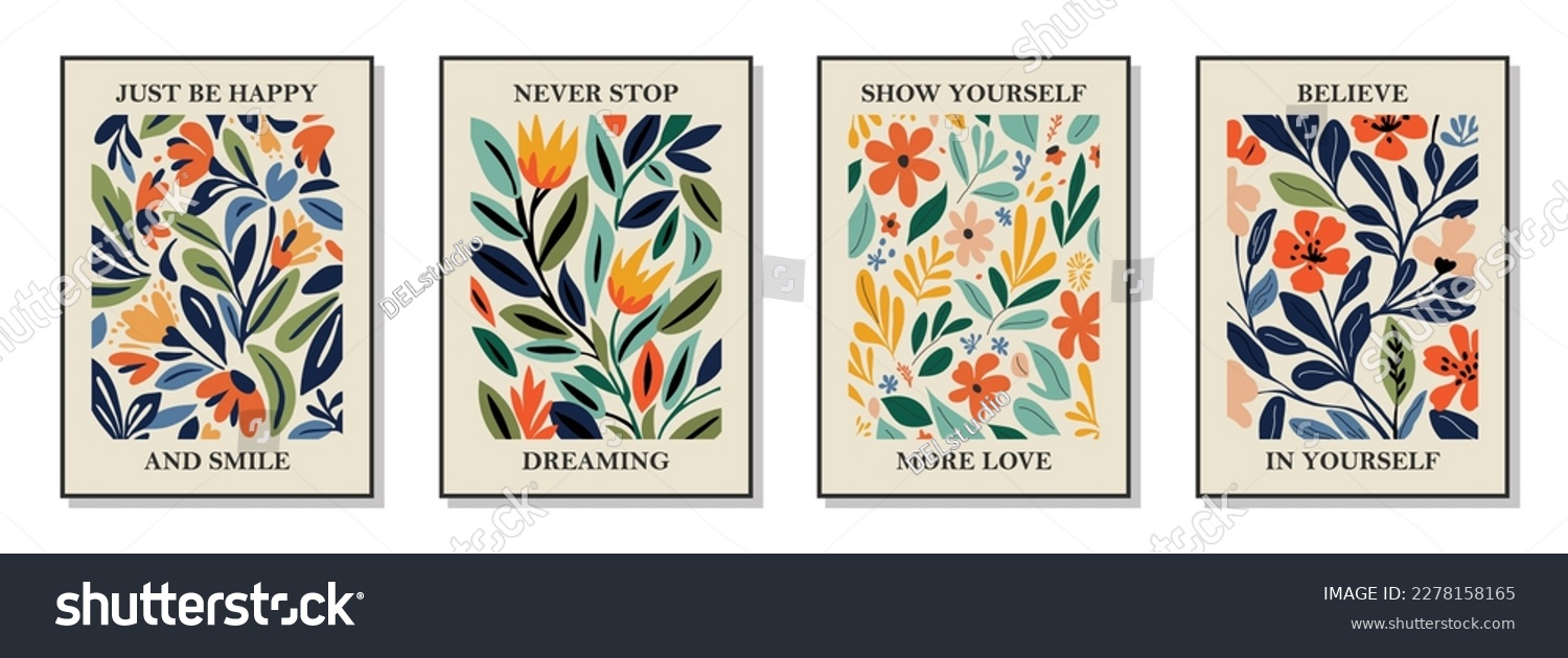 SVG of Set of 4 botanical Matisse inspired wall art posters, brochure, flyer templates, contemporary collage. Organic shapes, line floral pattern with positive motivational, inspirational quotes. svg