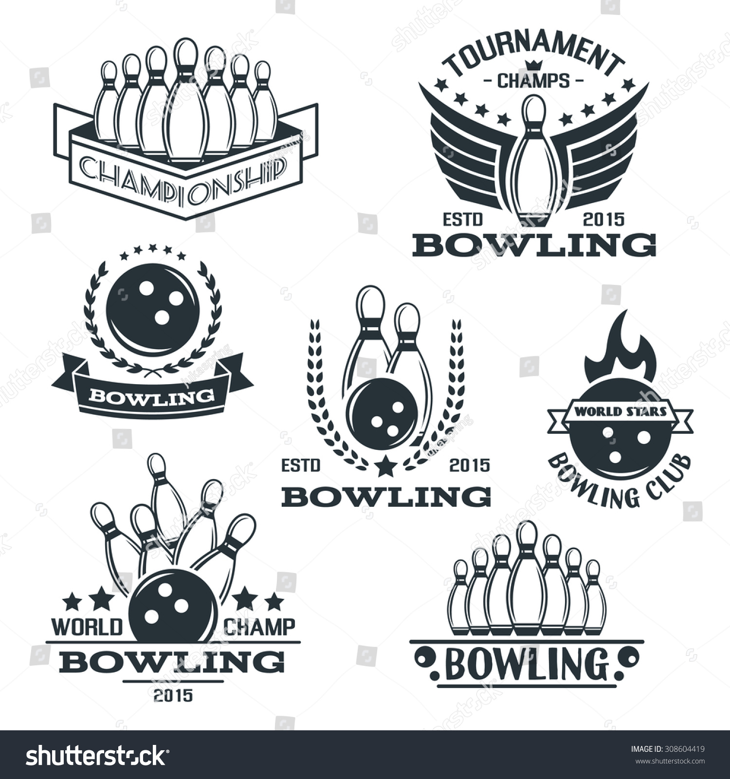 Set Bowling Logos Labels Badges Design Stock Vector 308604419 ...