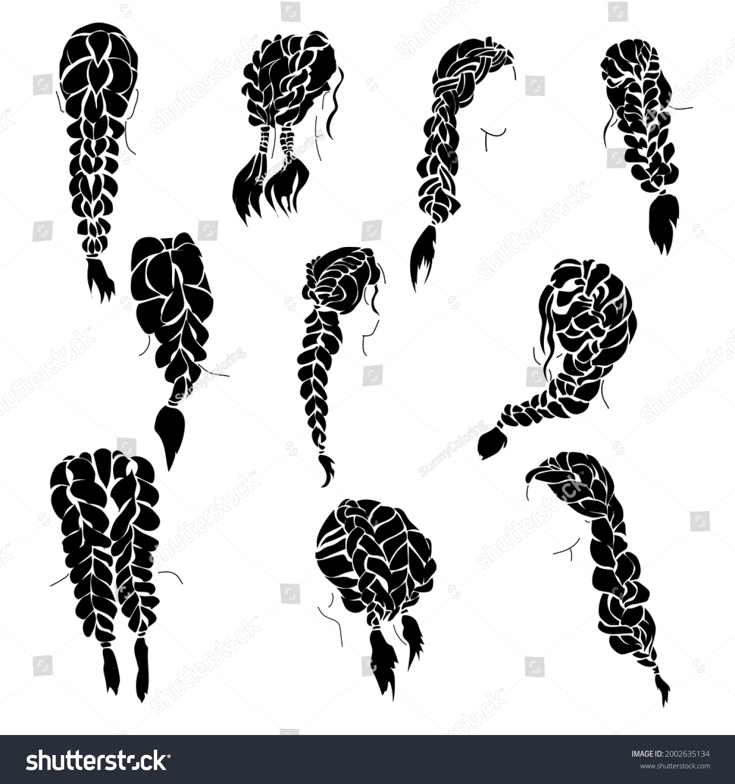 Set Braids Silhouettes Beautiful Female Hairstyle Stock Vector Royalty Free 2002635134 9286