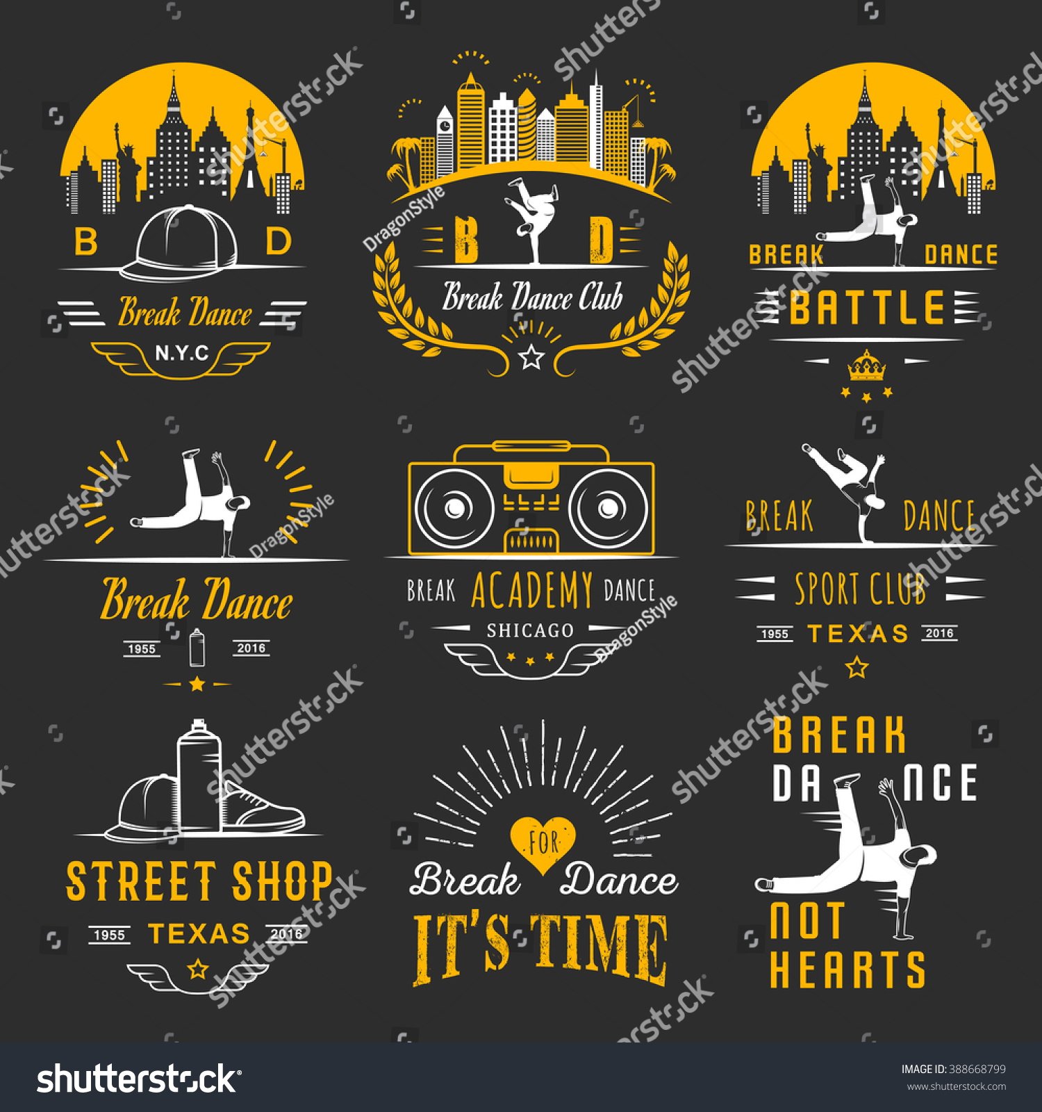 SVG of Set of Breakdance Bboy Silhouettes in Different Poses. Collection logo and badges hip-hop school, academy, break dance battle, club, cup and league. Sign Hip-hop, graffiti and street dance. svg