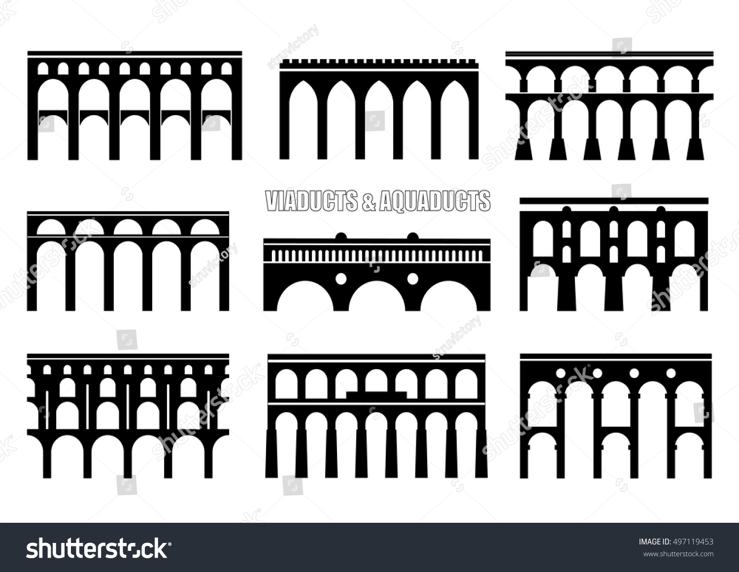 SVG of Set of bridge silhouettes. Viaducts, aqueducts, rail and multilevel arched bridges. Concept for logo, icon. svg