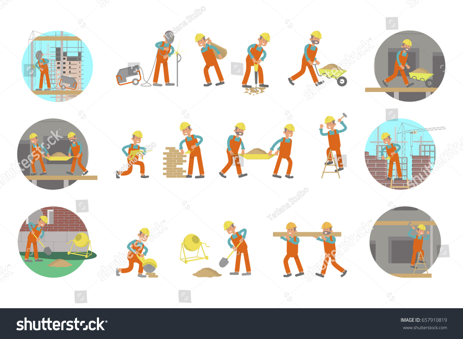 Set Builders Construction Site Banner Collections Stock Vector