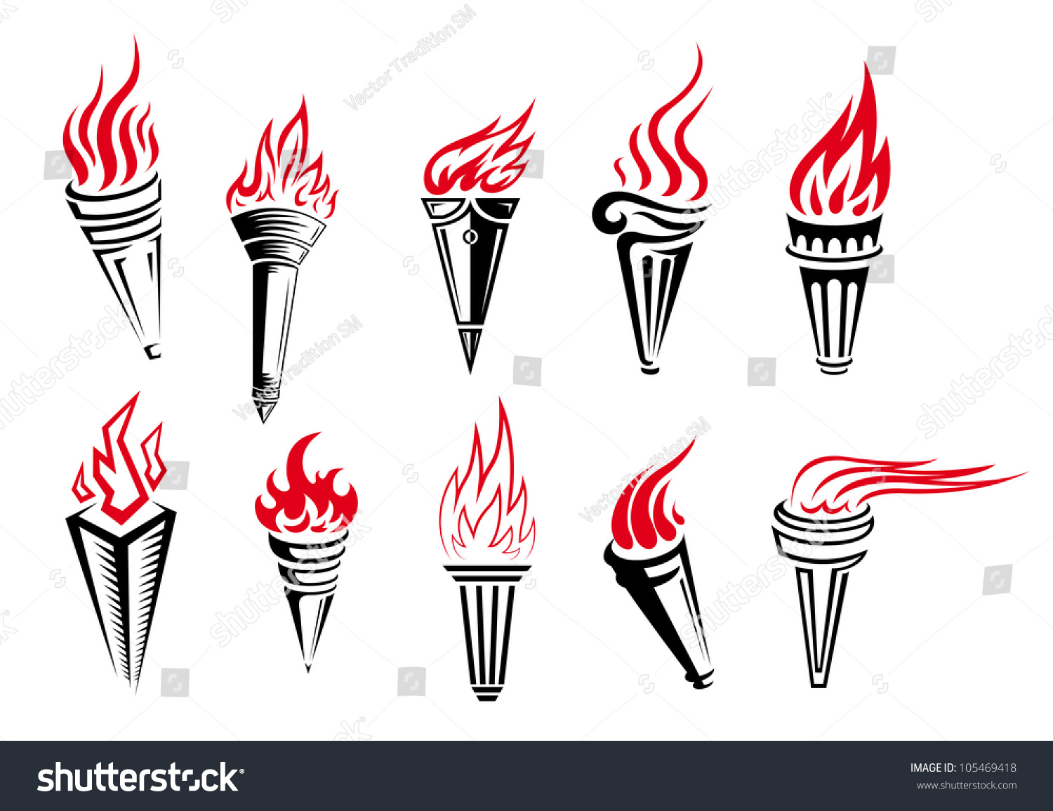 Set Burning Torches Fire Flames Isolated Stock Vector (Royalty Free