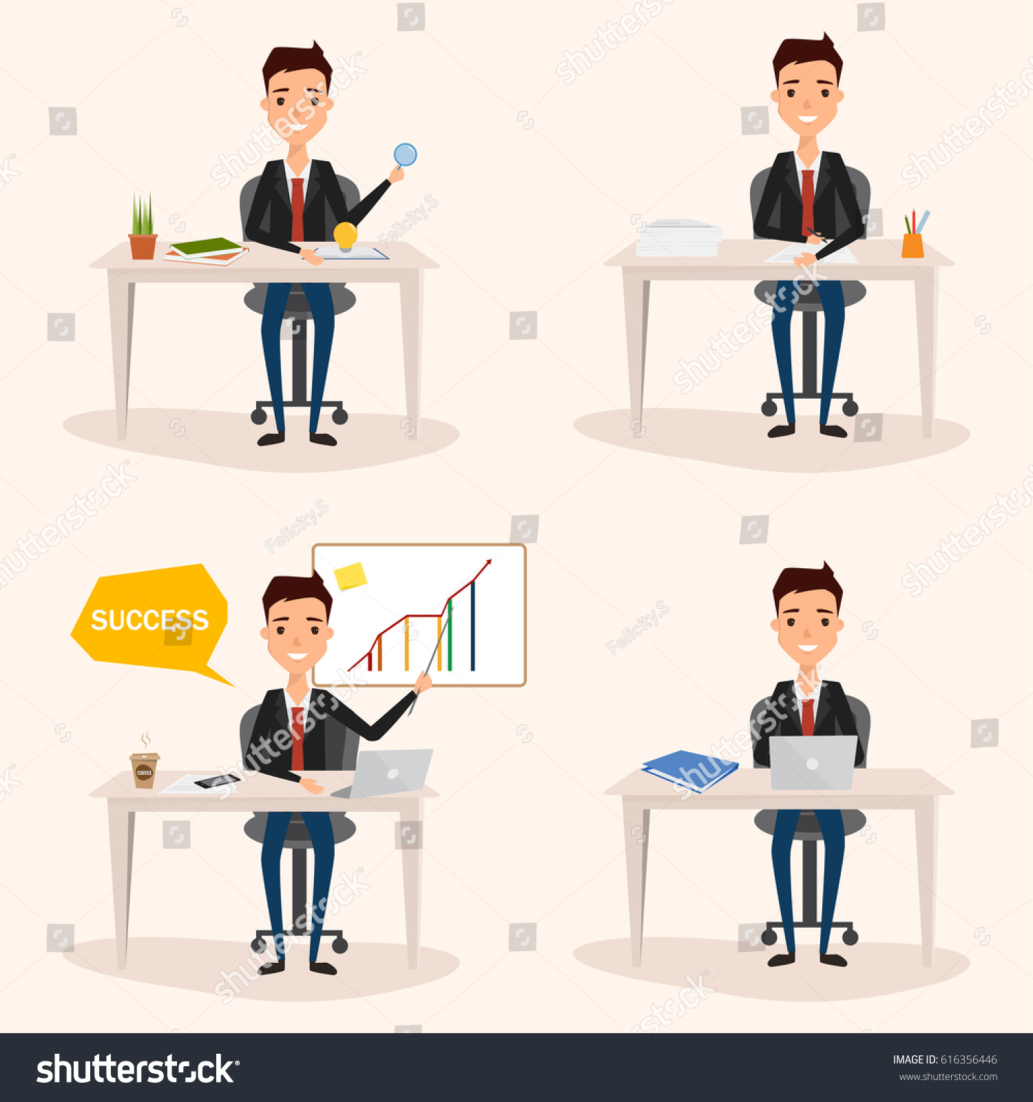 Set Business Man Working Office Desk Stock Vector Royalty Free Shutterstock