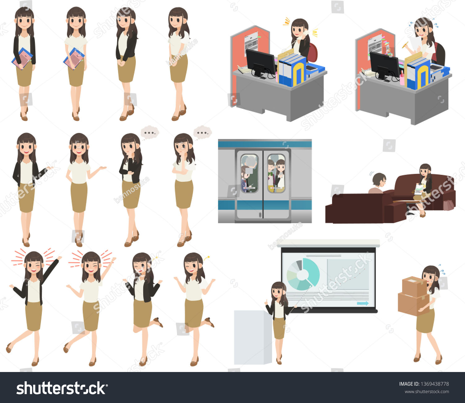 Set Of Business Woman Character With Different Poses And Actions