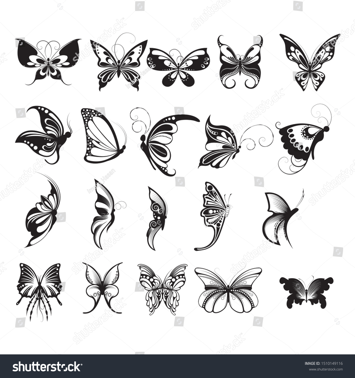 Set Butterflies Silhouettes Butterfly Icons Isolated Stock Vector