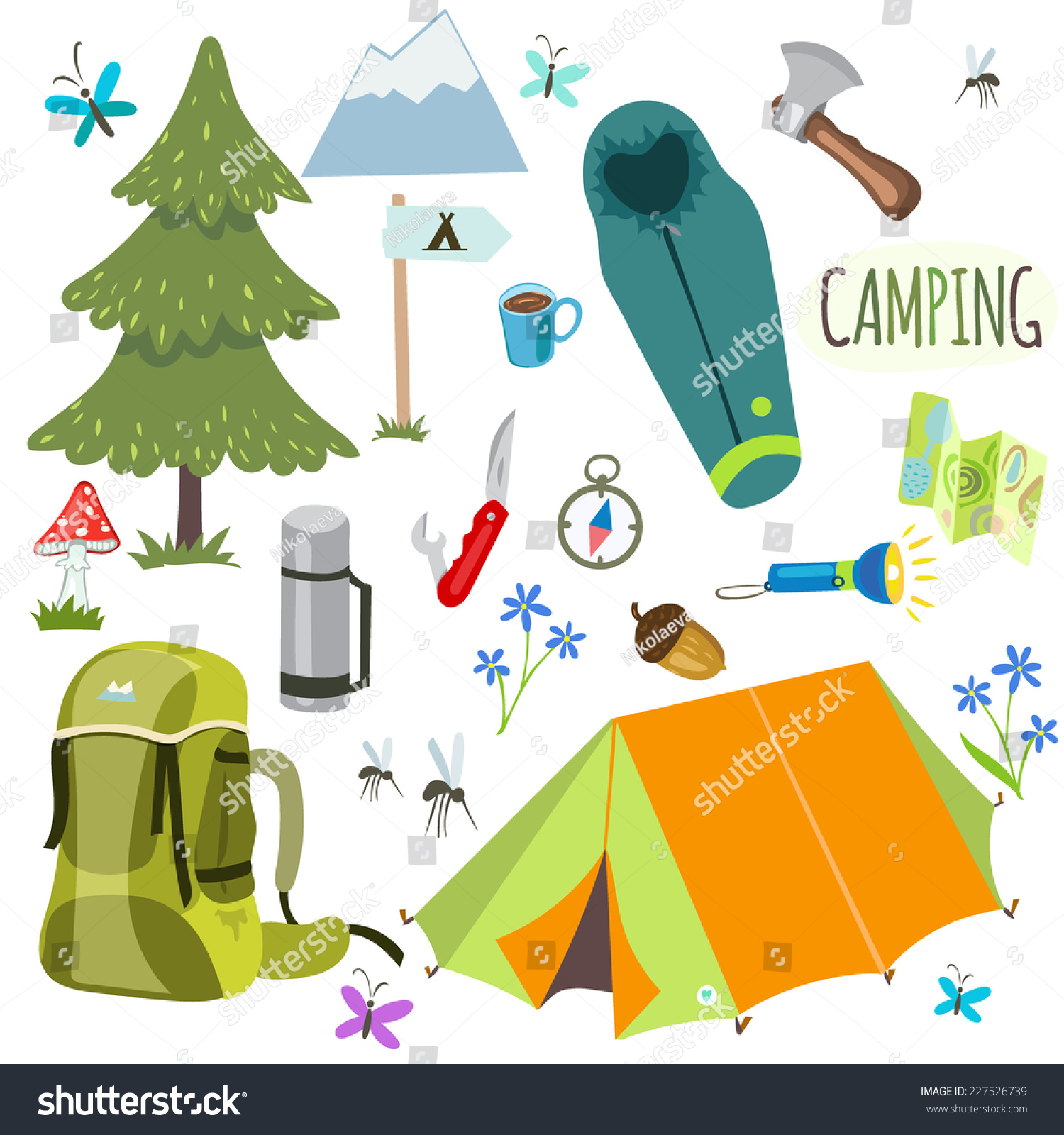 Set Of Camping Equipment And Objects In Vector - 227526739 : Shutterstock