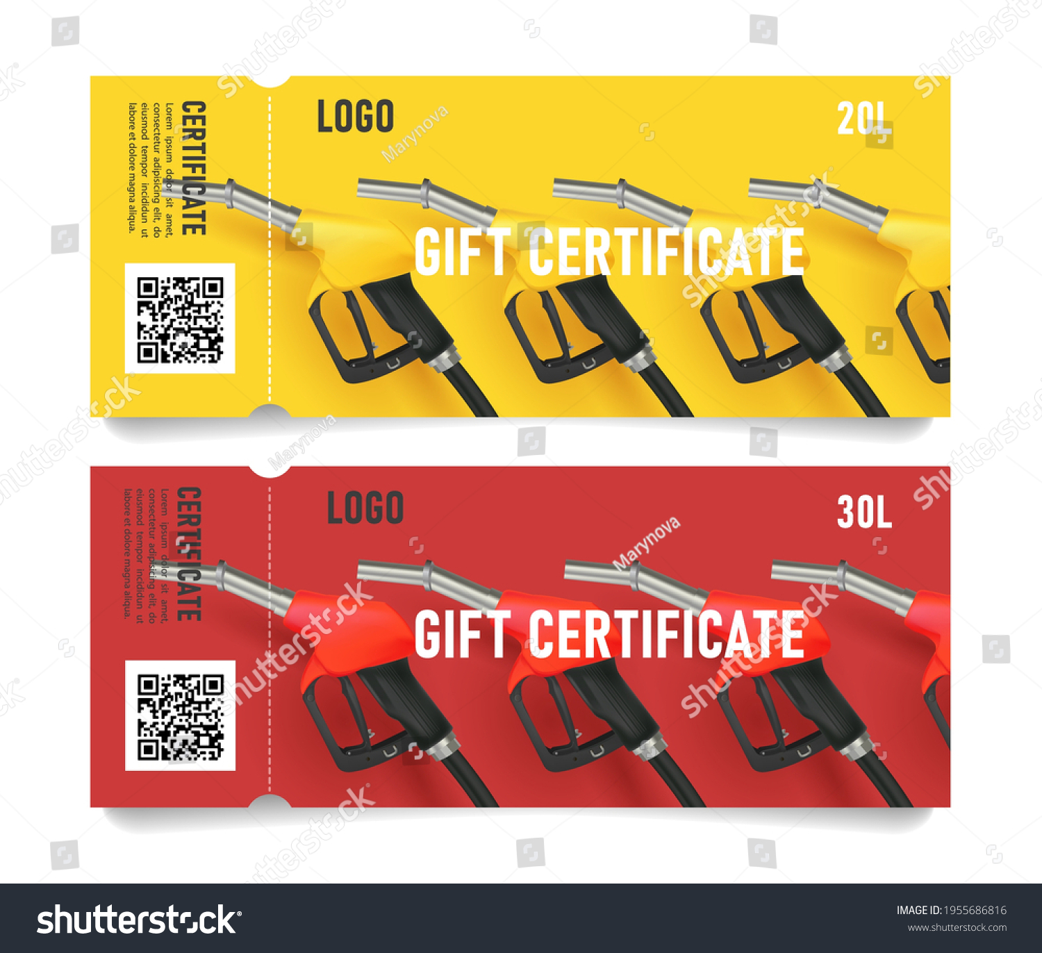 SVG of Set of cards with fuelling 3d nozzel illustration, modern gift certificate for gas station on bright yellow and red with same color refueling gadget and torn off part svg