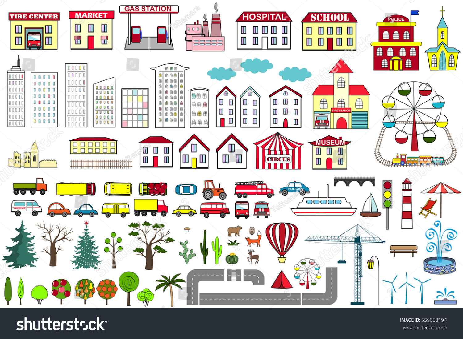 Set Cartoon City Map Elements Vector Stock Vector (Royalty Free) 559058194